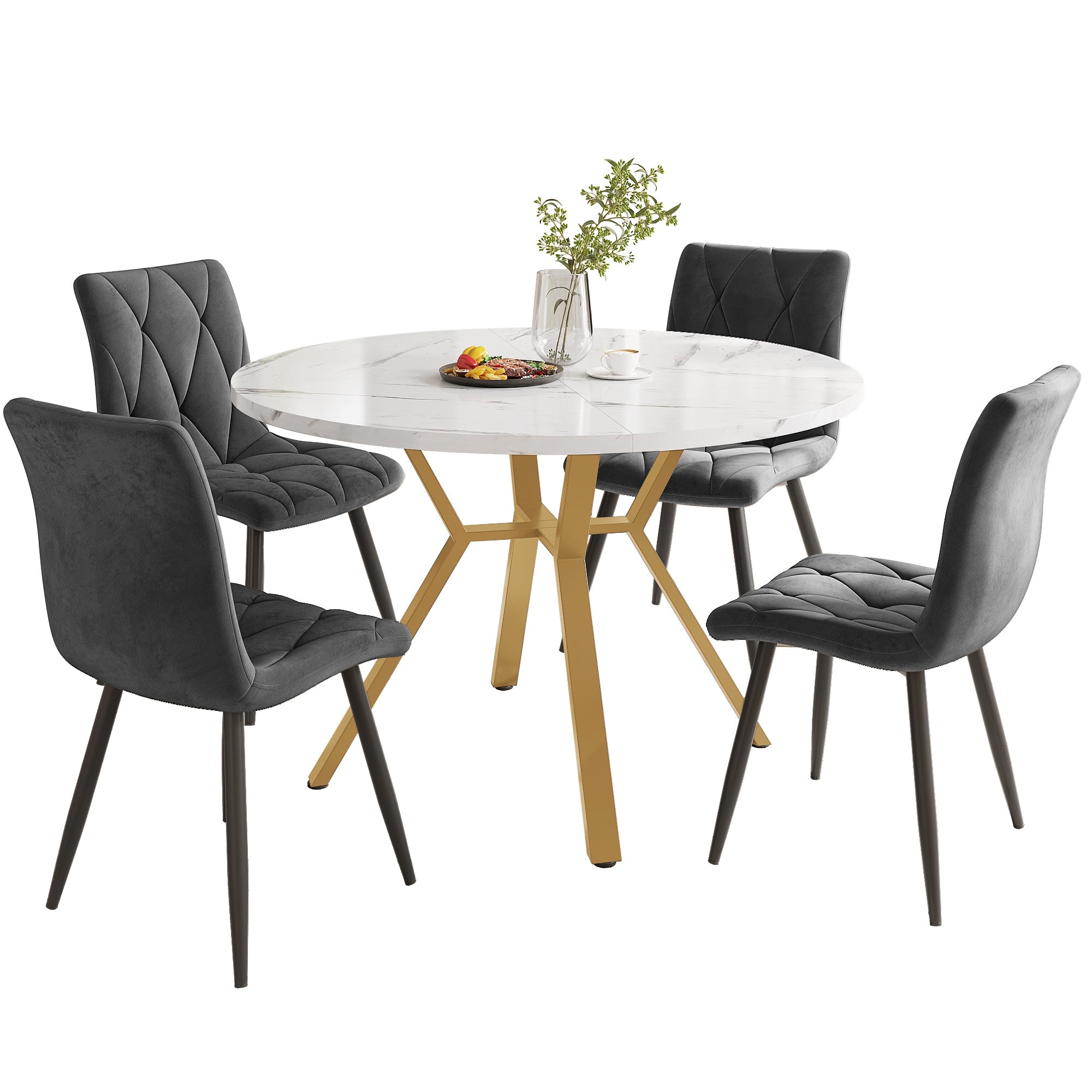 Dining Table Set, 5-Piece Round with Marble Top & Velvet Chairs, Gray