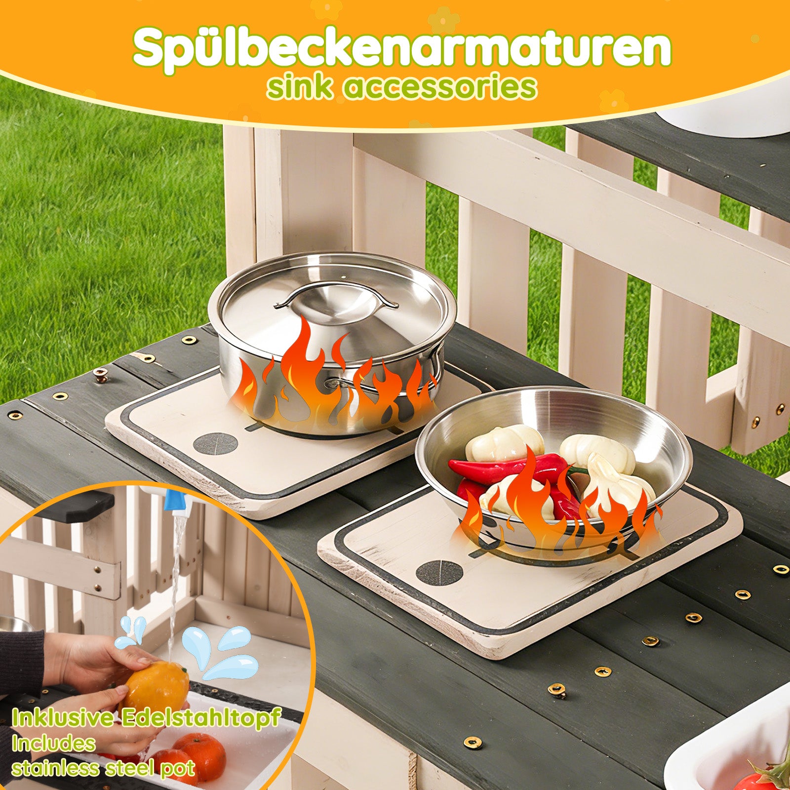 Outdoor Mud Kitchen with Real Tap and Garden Accessories, Wood