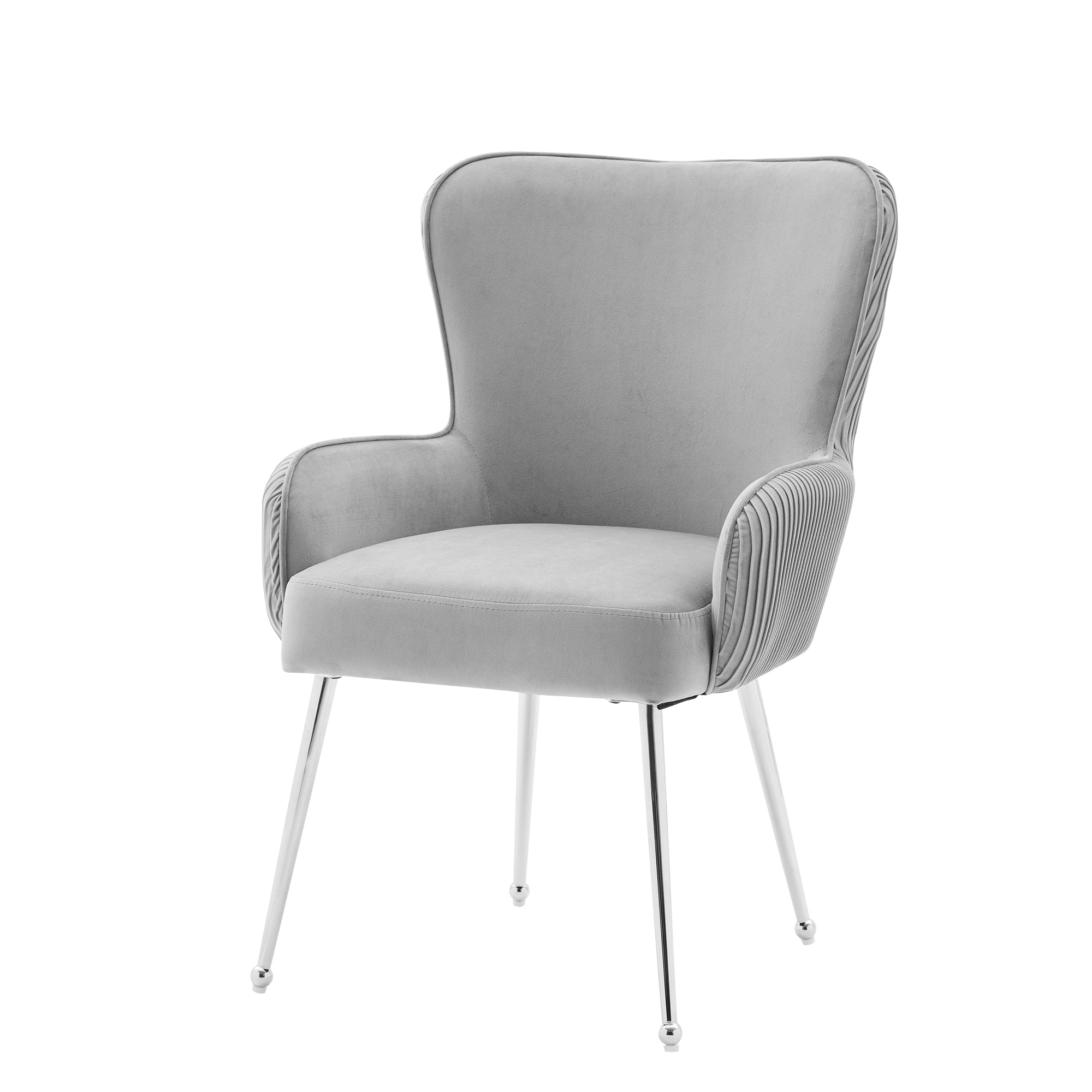 Velvet Dining Chair, Set of 2, Silver Metal Legs, Armrests, Lumbar Support, Grey