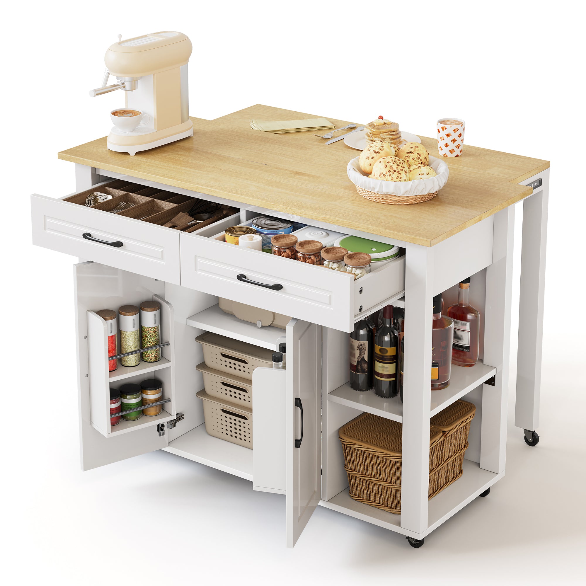 Mobile Kitchen Island with Power Outlets and Extendable Bar Counter, Wood Look