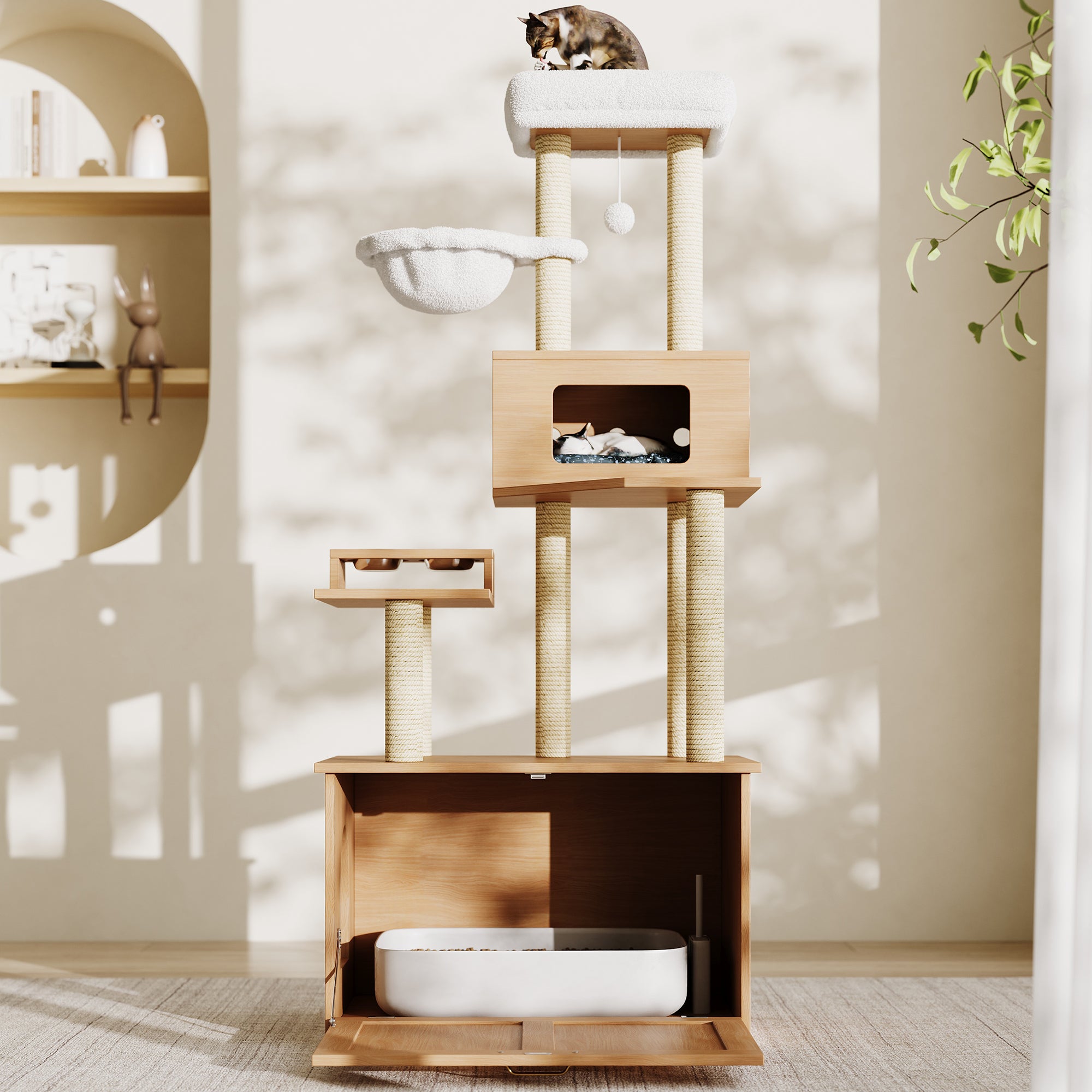 Modern Cat Tower & Scratching Post All-in-One Furniture, Walnut Color