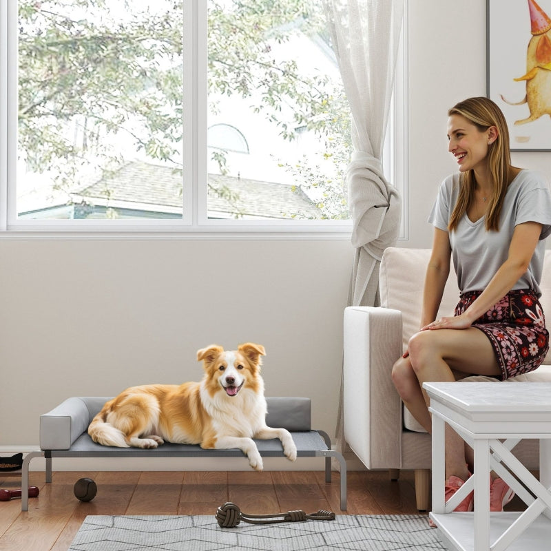 Outdoor Dog Bed, Raised with L-Shaped Cushion for Medium Dogs, Light Grey