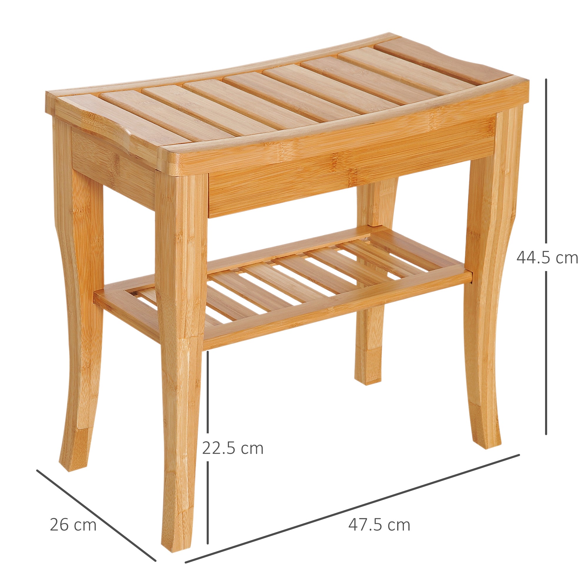 Shower Bench 45cm 2-Tier Slatted Storage Stool, Natural Wood