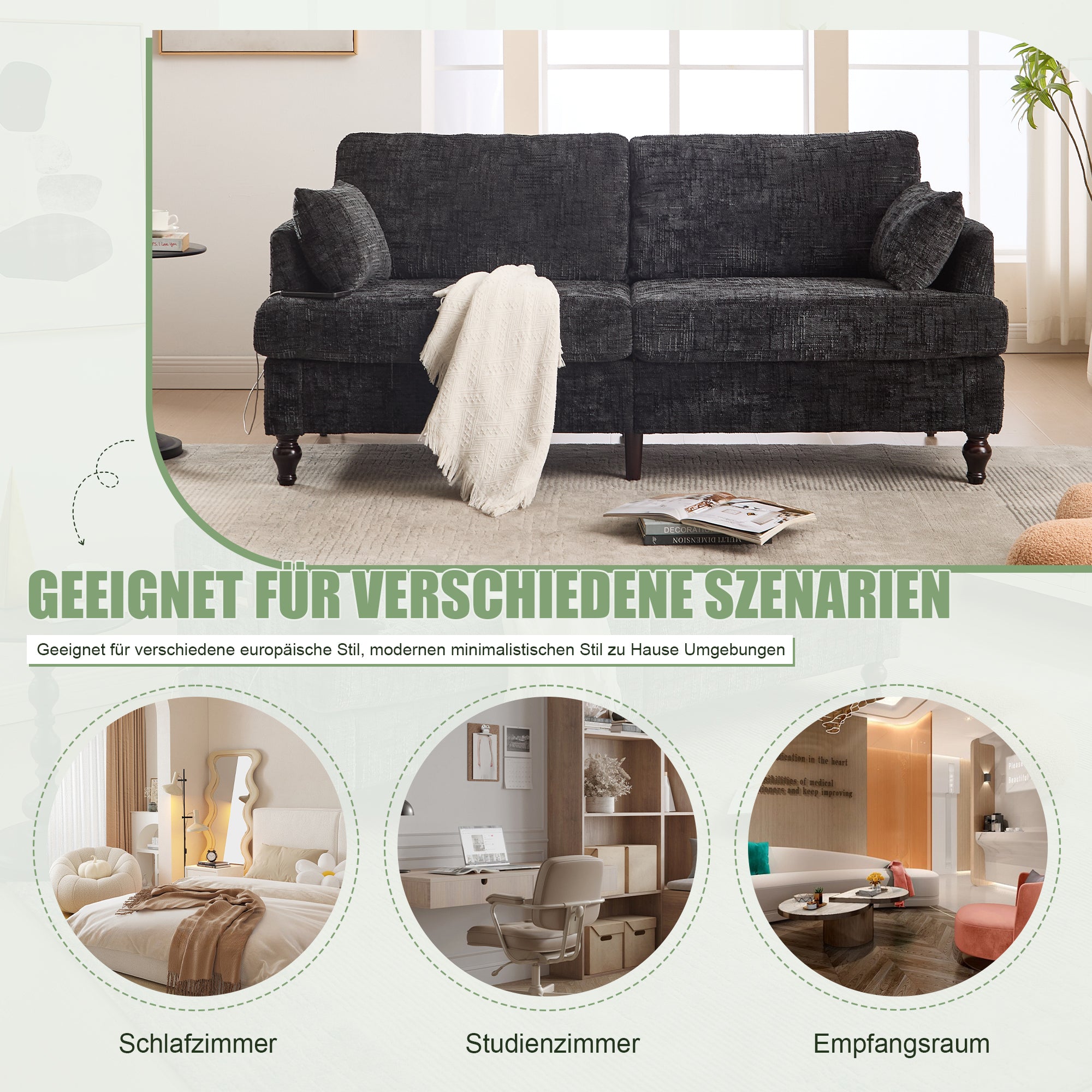 Sofa, 2-Seater with Wooden Legs, LED Light, USB, Storage Bag, Chenille