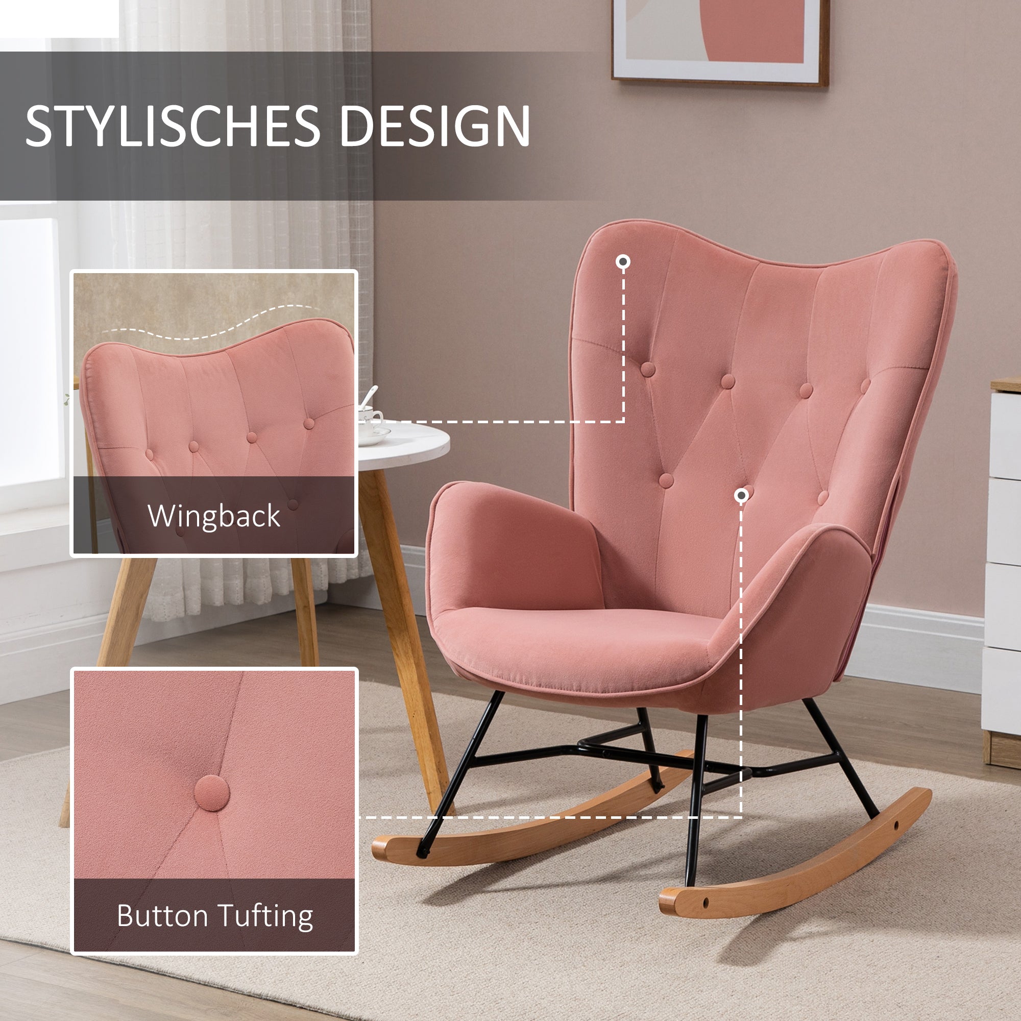 Nursing Rocking Chair, High Back Steel Frame, Pink Velvet