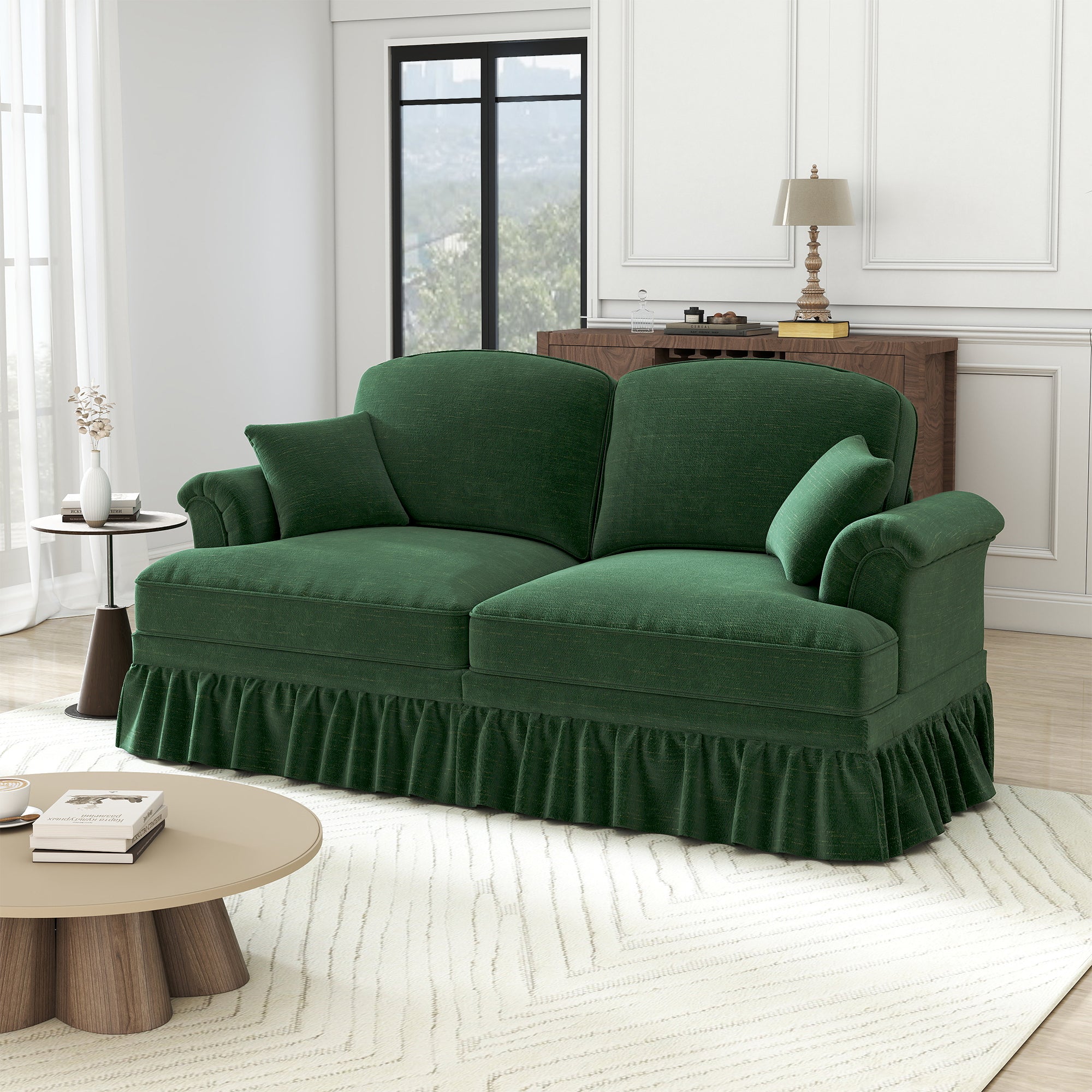 2-Seater Sofa, Flared Armrests, Removable Valance, Wooden Legs - Green Chenille Fabric