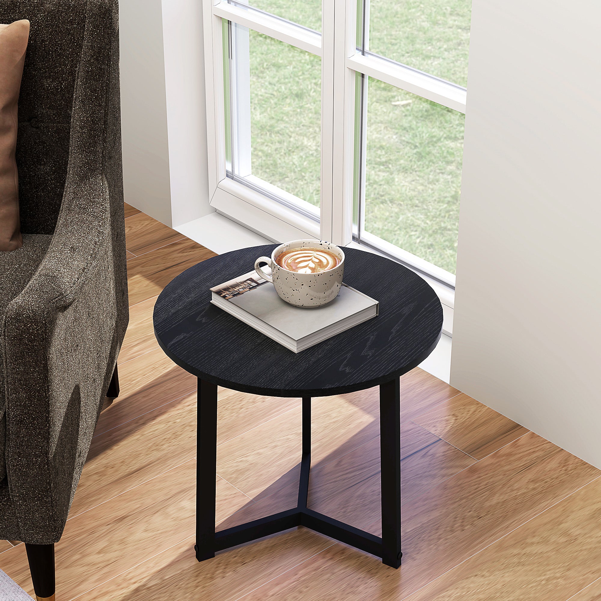 2-Piece Coffee Table Set Round Side Steel Frame, Black