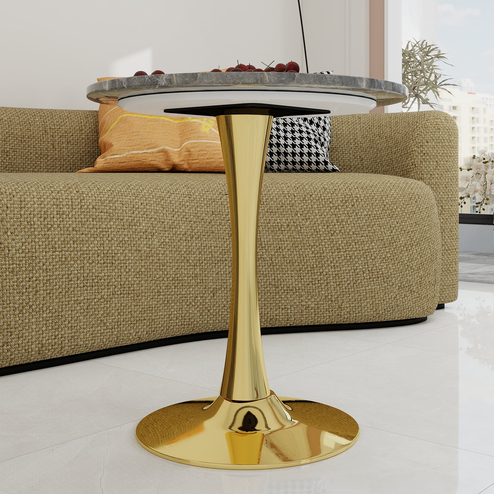 Mid-Century Modern Coffee Table Round Marble Top 27.6-inch - Gold/Gray