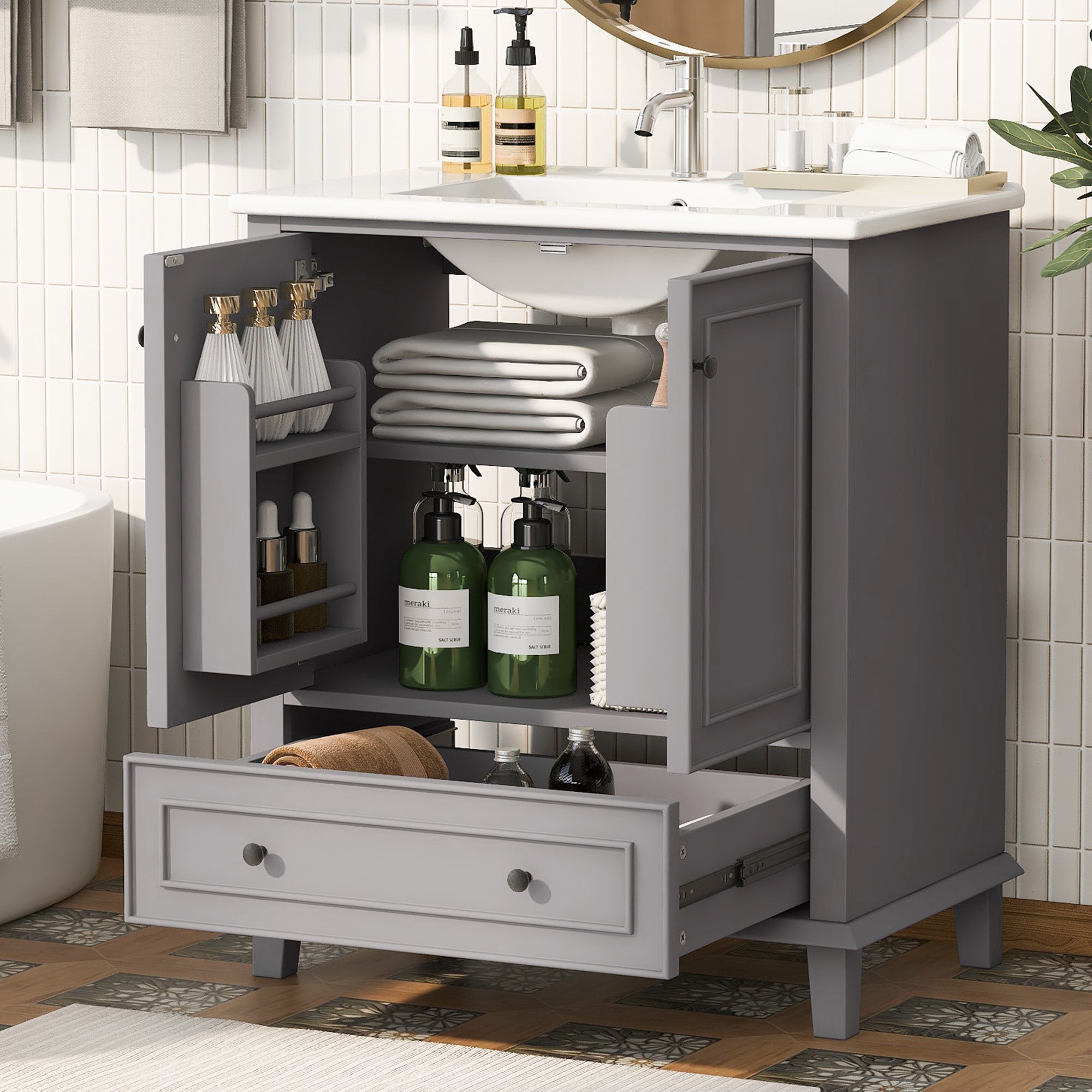 Floor-standing Bathroom Cabinet with Integrated Ceramic Washbasin and Solid Wood Legs, Grey