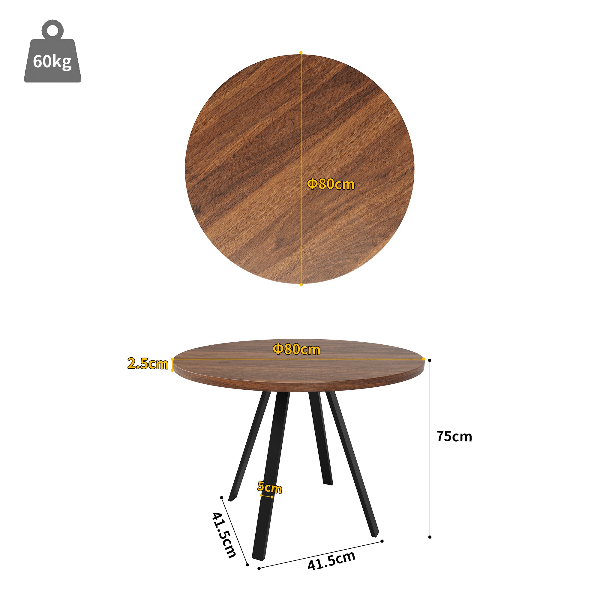Round Dining Table, 80x80x75cm Kitchen Coffee Table for 4, Walnut and Black