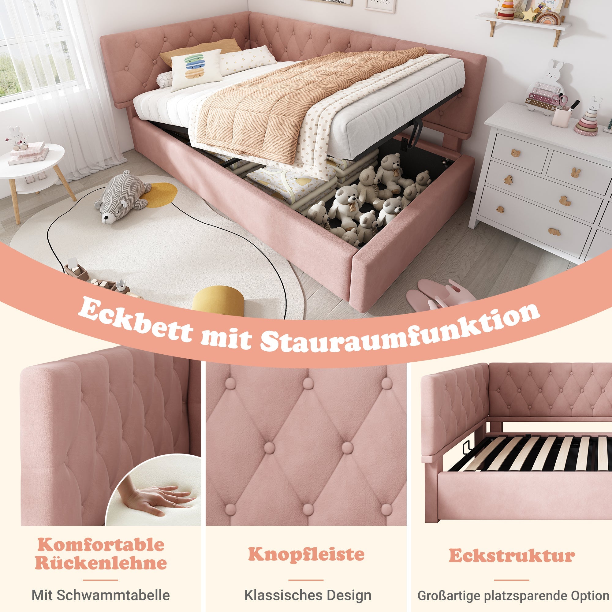 Upholstered Bed Day Bed 90x200cm Sofa Bed with Hydraulic Storage Space, Velvet, Pink