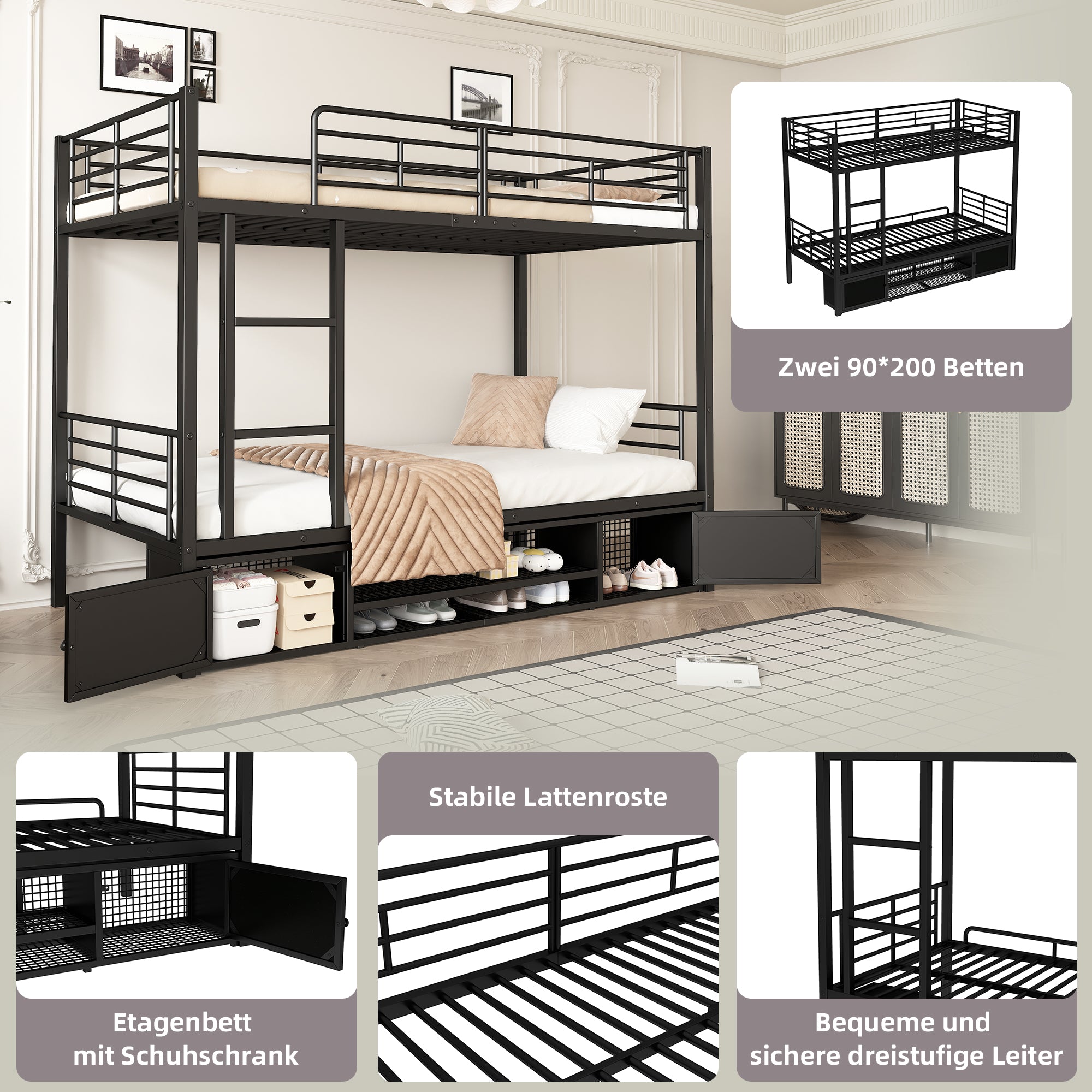 Iron Frame Bunk Bed with Storage, Ladder, and Safety Rail, 90x200cm, Black Iron