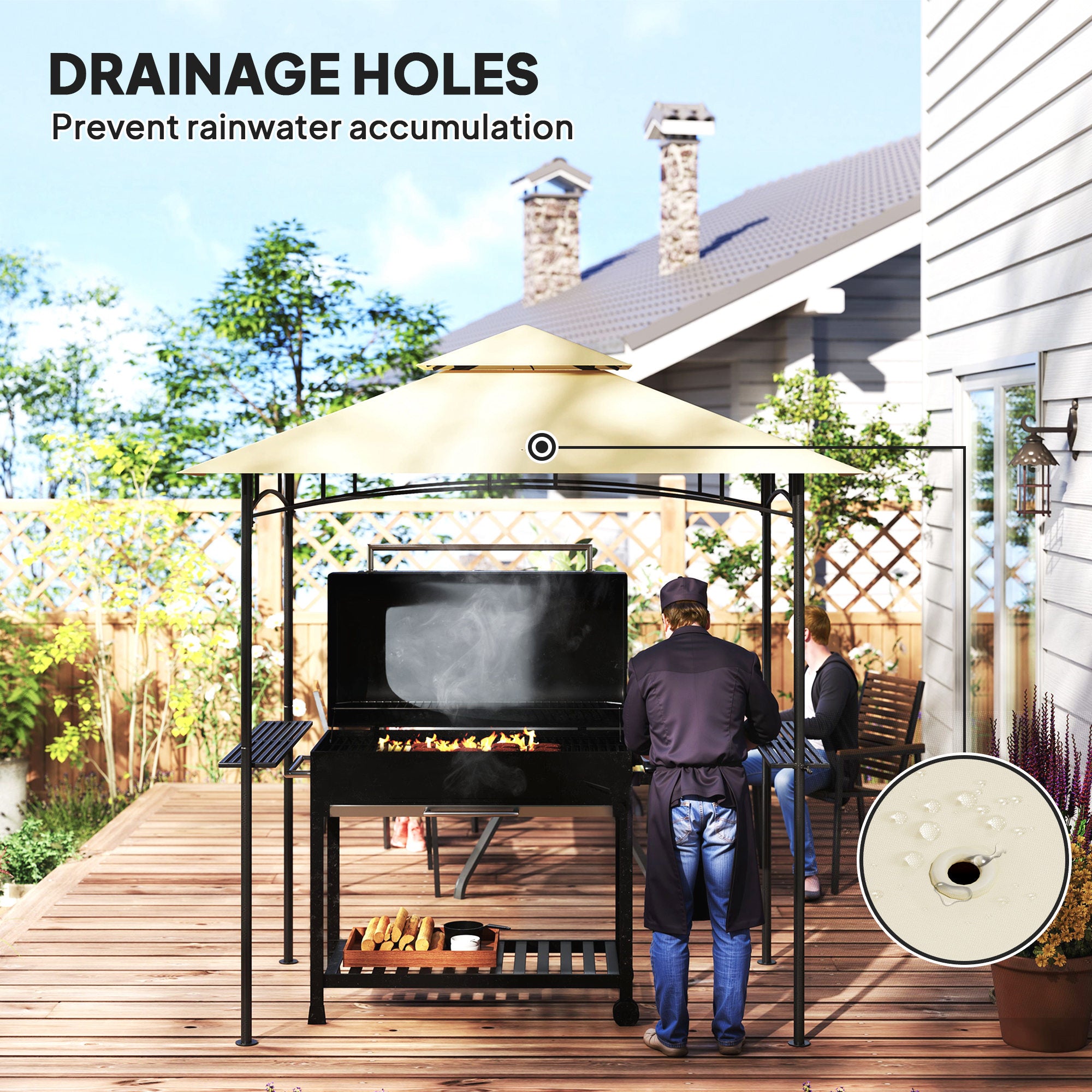 8' x 5' Grill Gazebo Double Tiered BBQ Shelter Canopy LED Lights Side Shelves Hooks Beige