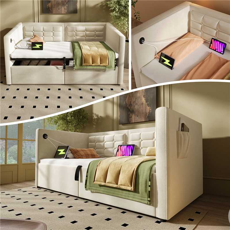 Sofa Bed 90x200cm, Single with Hydraulic Storage & USB/Type-C Charging, Beige Velvet