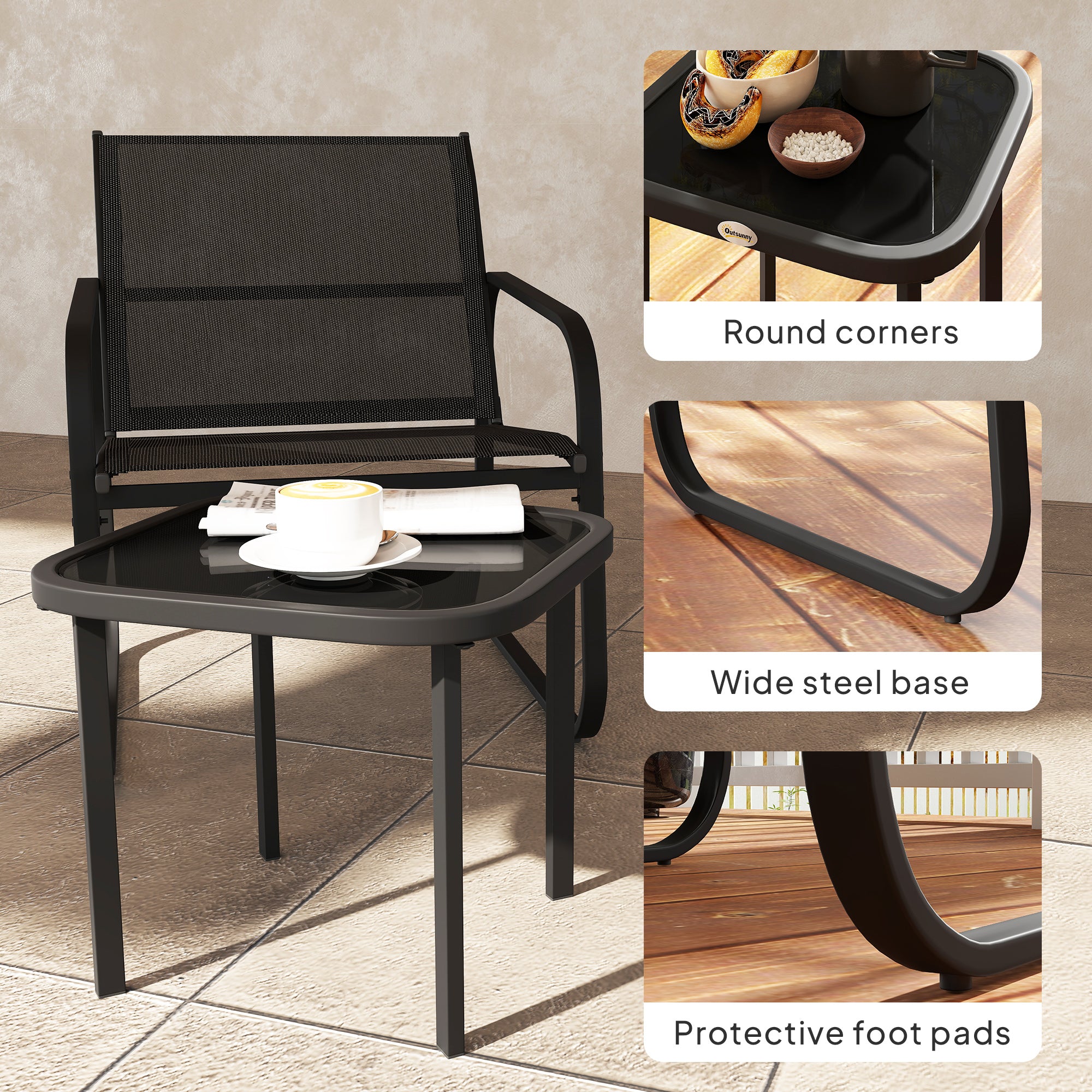 Three-Piece Garden Seating Set Two Armchairs Square Glass Table Steel Frame Black