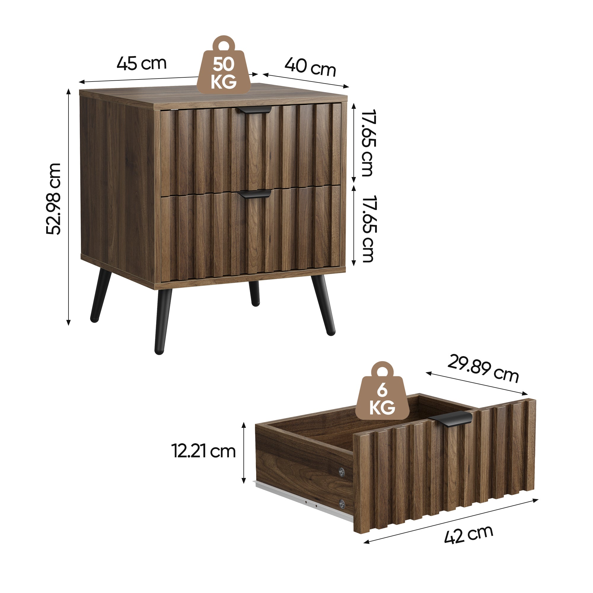 Modern Bedside Table Recessed Design 2 Drawers 45x40x53 cm - Walnut