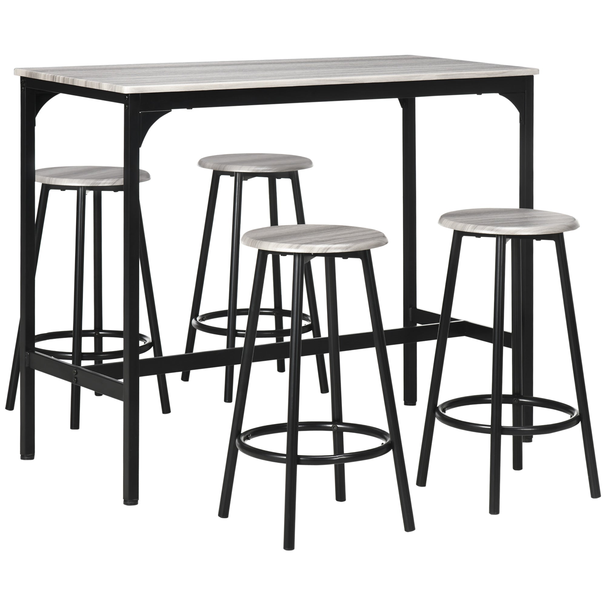 Bar Table with Stool Set, 5-Piece Industrial Design, Metal, Gray