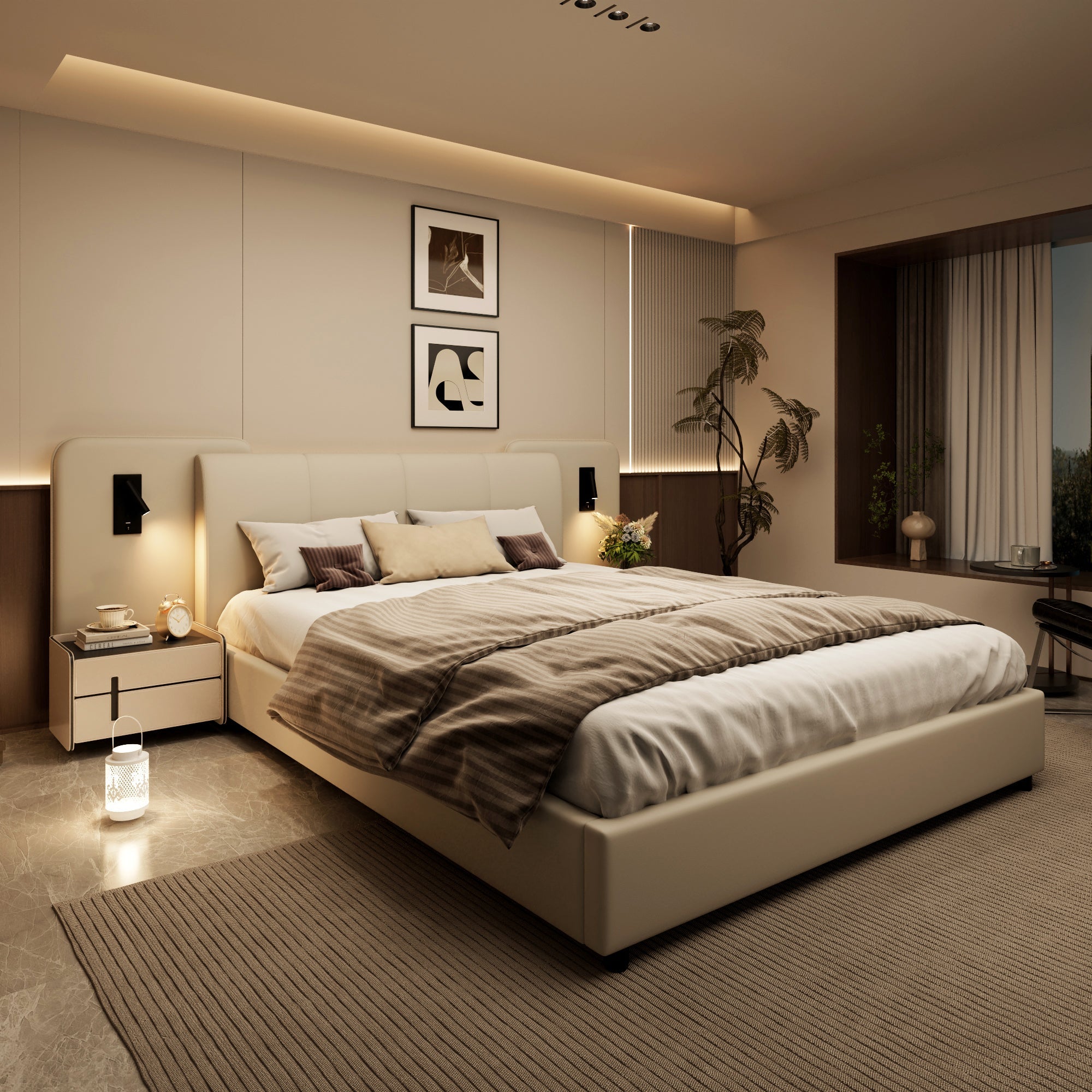 Upholstered Bed with Charging Port and Lighting, 4ft6 Double 135x190cm, Soft Sponge Headboard Backrest, Anti-collision Sponge Filling, PU + Plywood, Beige