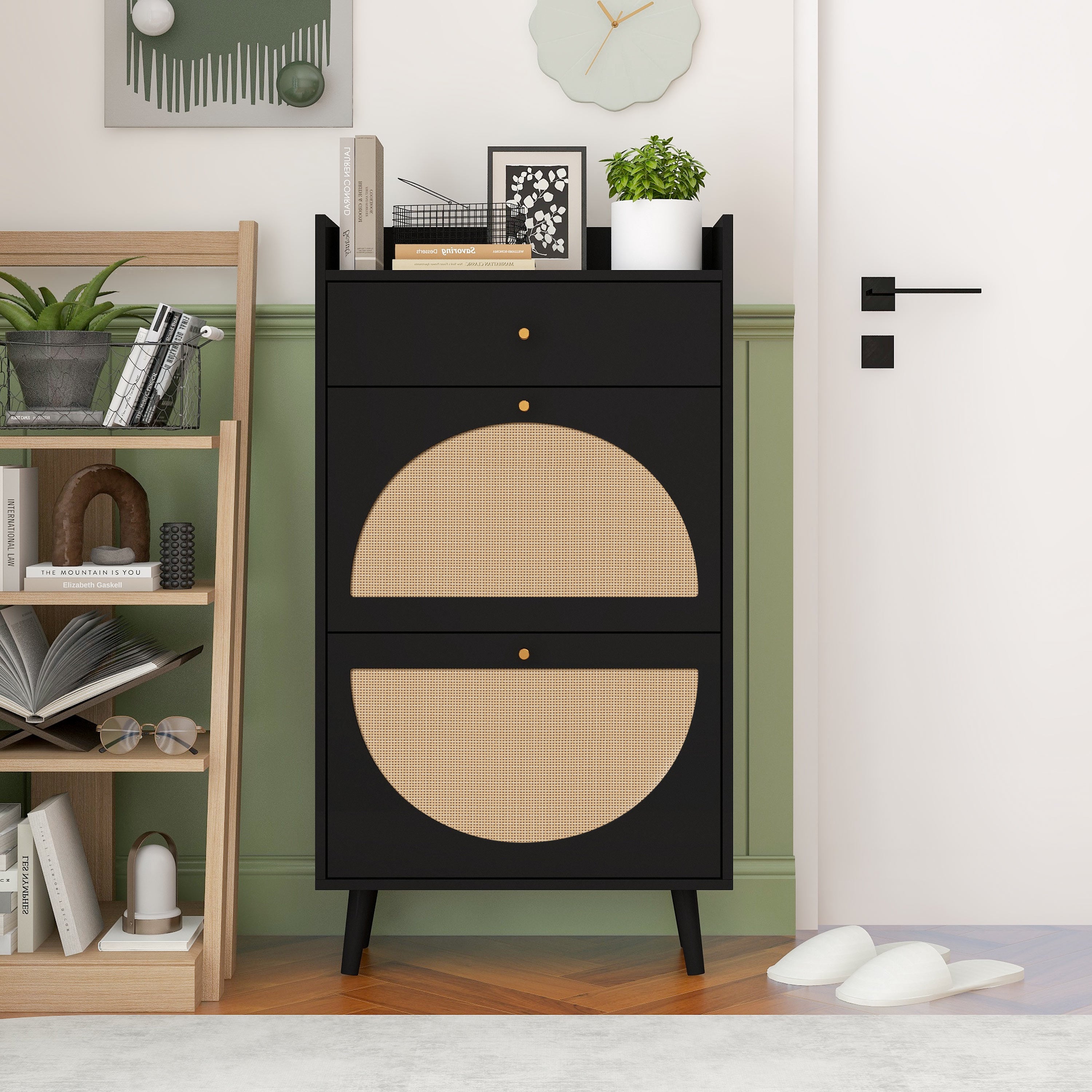 Shoe Cabinet with Two Doors, Drawer, Double Shelf, Black Rattan