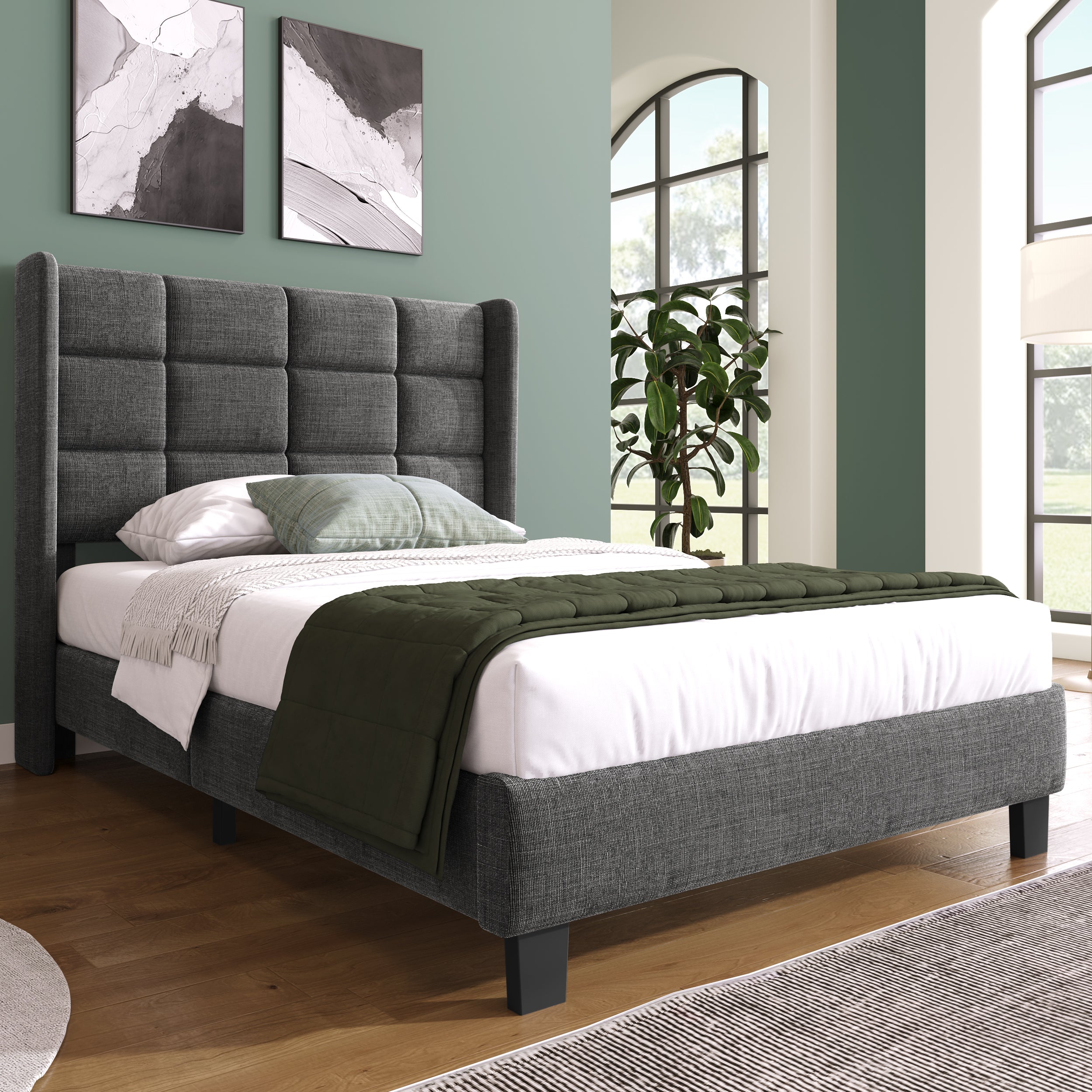 Modern Design Upholstered Bed, Single with Slatted Frame, 90x200cm, Grey Linen