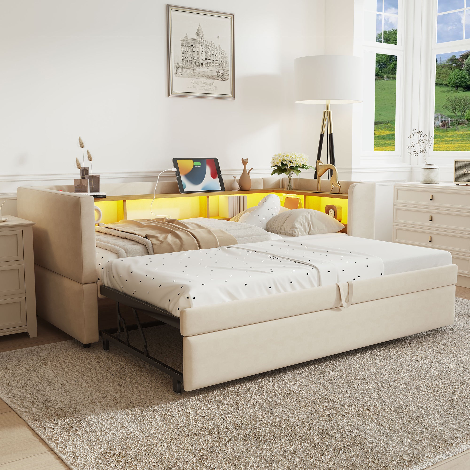 Upholstered Bed, Pull-Out Sofa Bed 90/180*190cm with LED Lights, Sockets & Storage - Beige