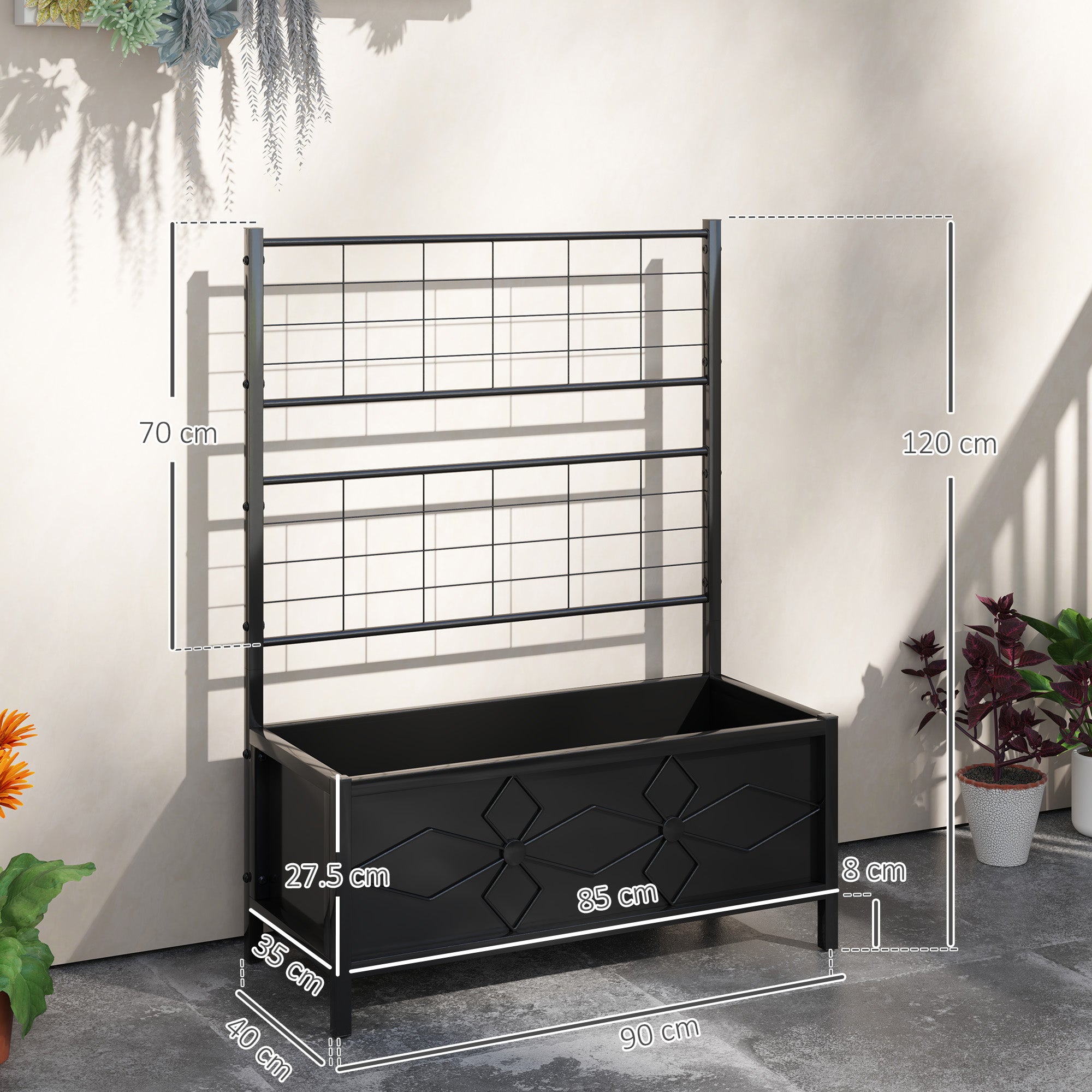 Raised Bed Planter with Trellis, Galvanised, Diamond Pattern, Black
