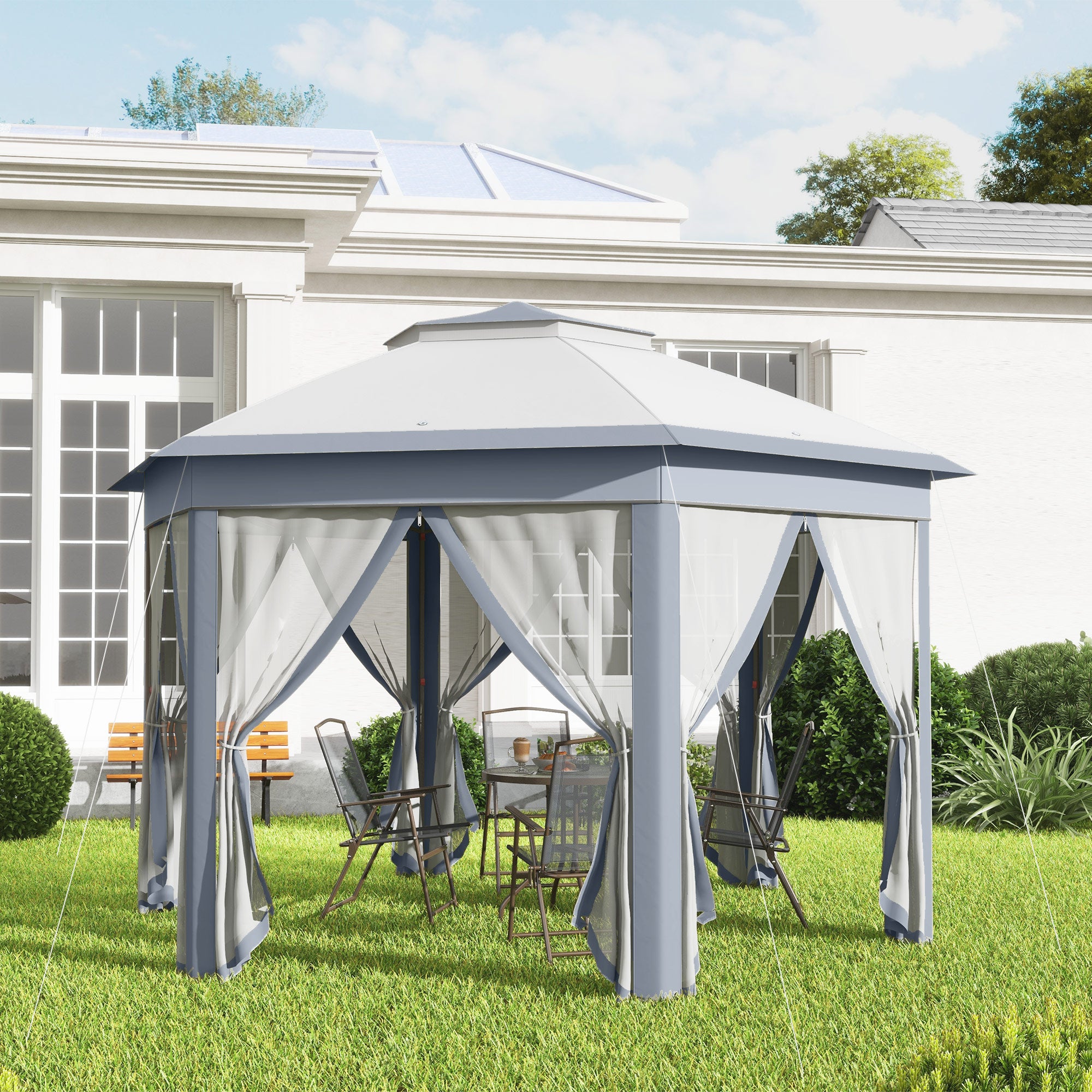 Metal Frame Hexagon Gazebo, 3 x 4m with Curtains - Grey