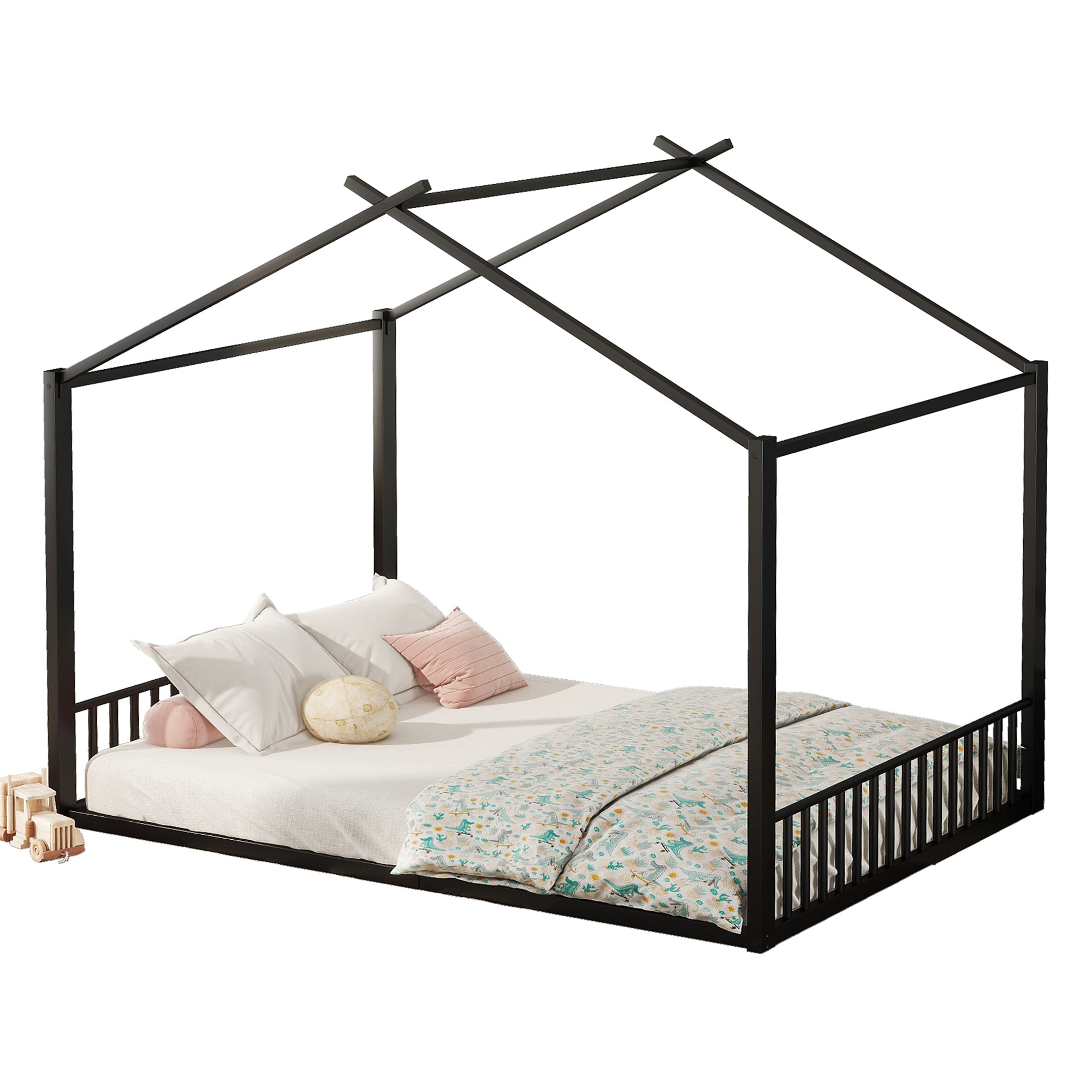 Children's Bed, 140x200cm House Rail Iron Frame, Black