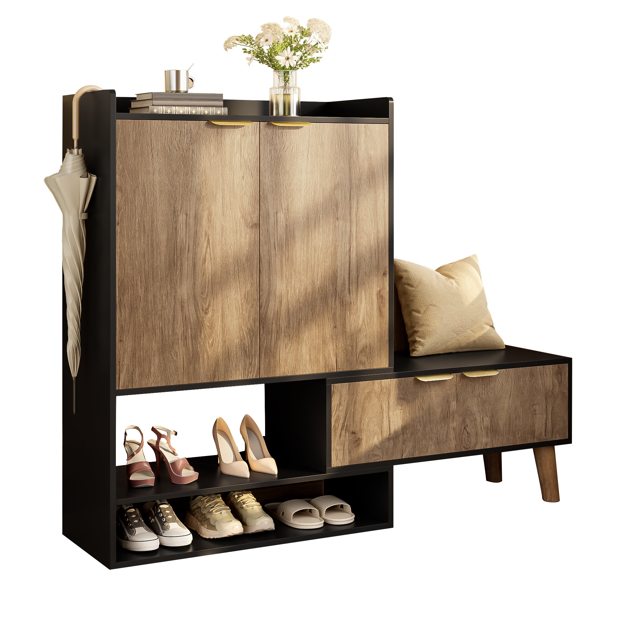 Multifunctional Shoe Cabinet, Extendable Swivel Seat, Large Storage, Open/Closed Shelving, Black + Wood Finish