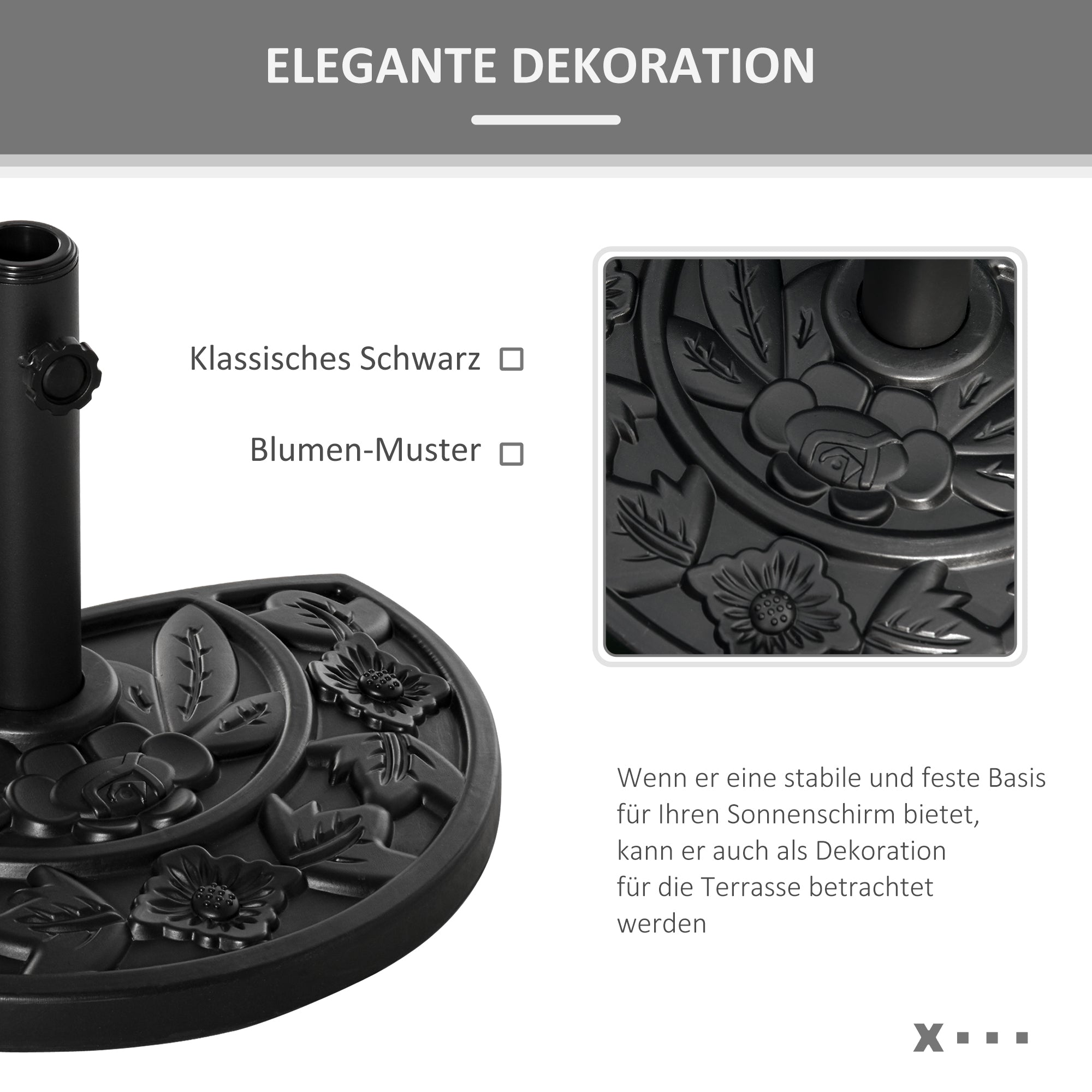 Parasol Base 9kg Floral Motif Semi-Circular HDPE Black