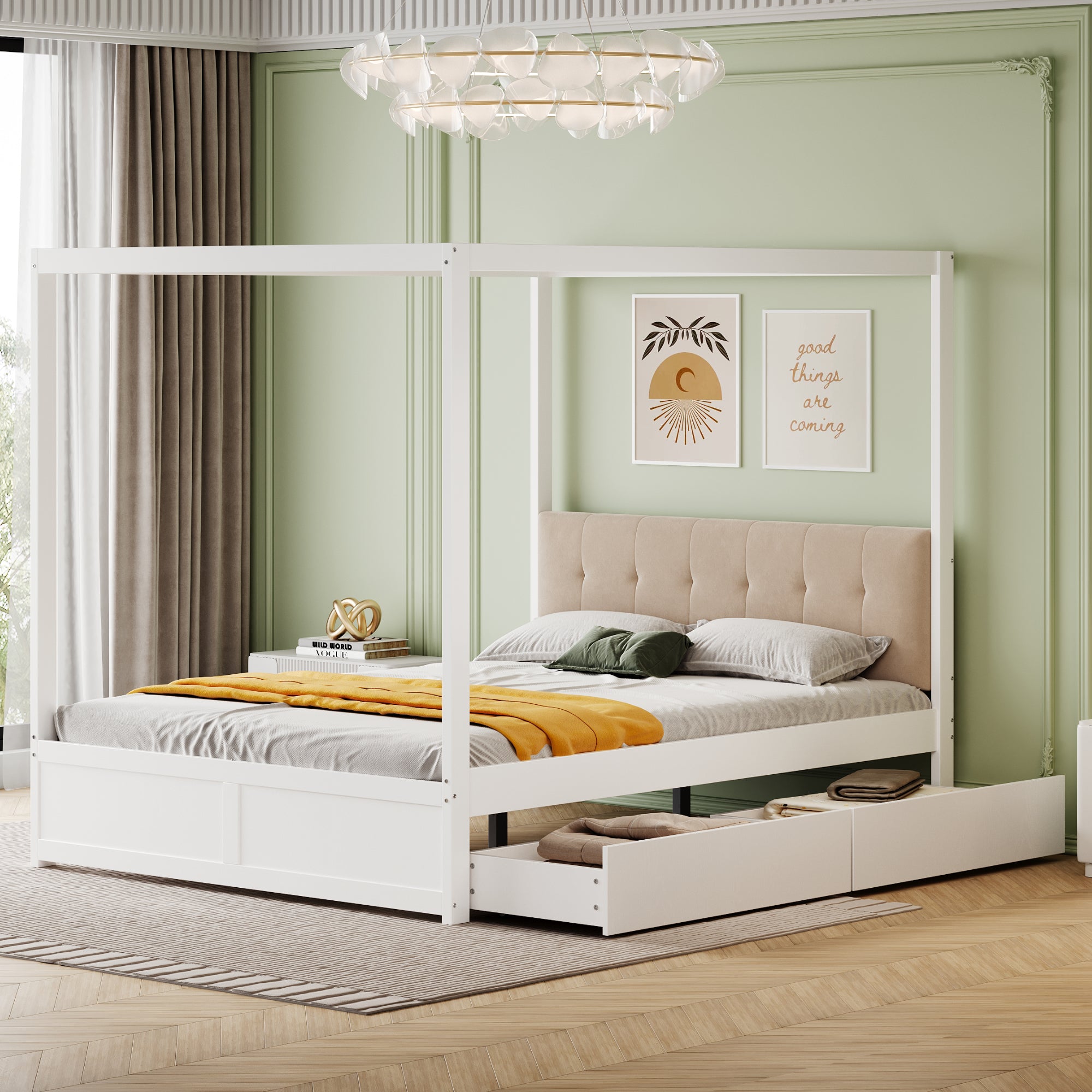 Canopy Bed, 140x200cm Large Drawers Soft Headboard, Wooden White