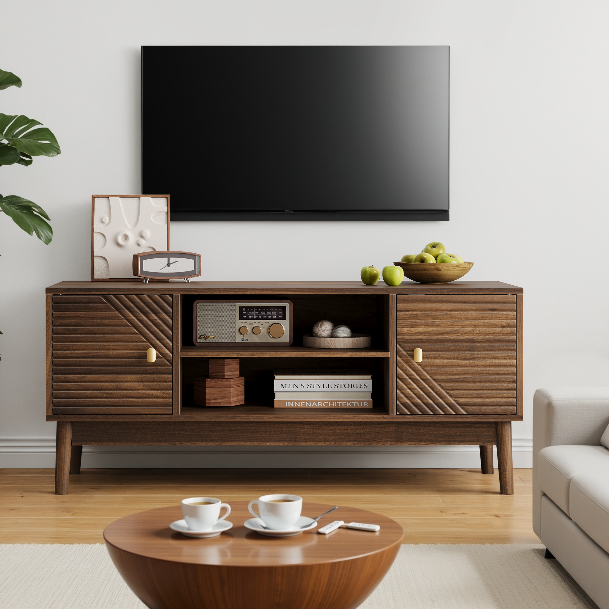 TV Stand, 110cm Mid-Century Modern with Storage Space, Walnut