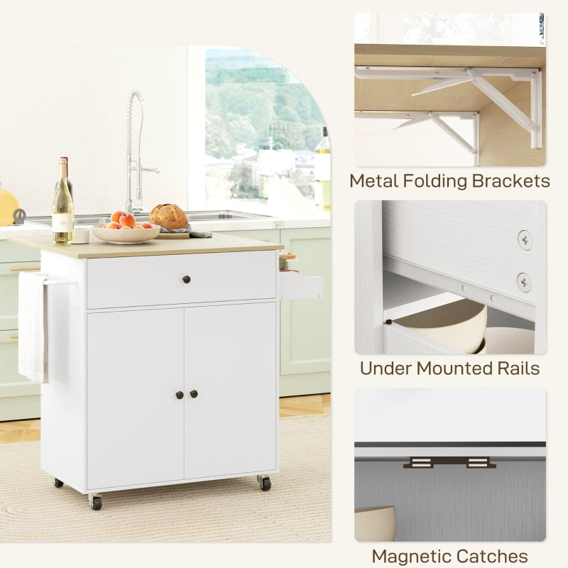 Rolling Kitchen Island with Drop Leaf, Drawer, Spice Rack, Towel Rack, White