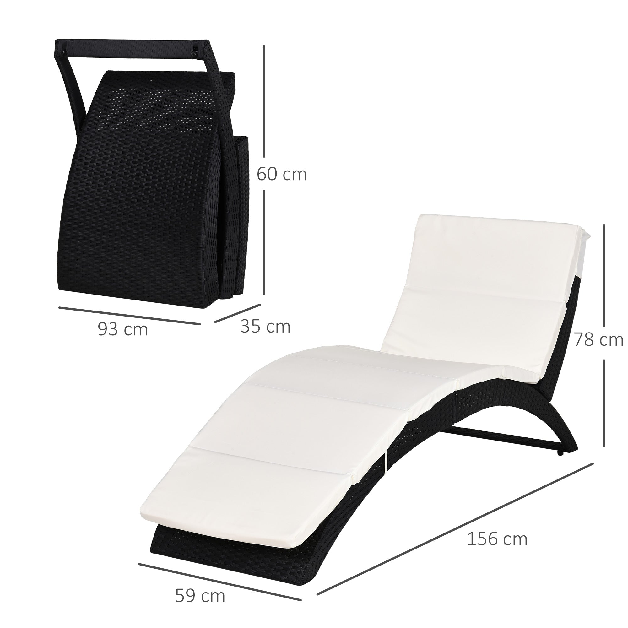 Outdoor Sun Lounger Foldable Ergonomic Curved Design Soft Padded Cushion PE Rattan Black