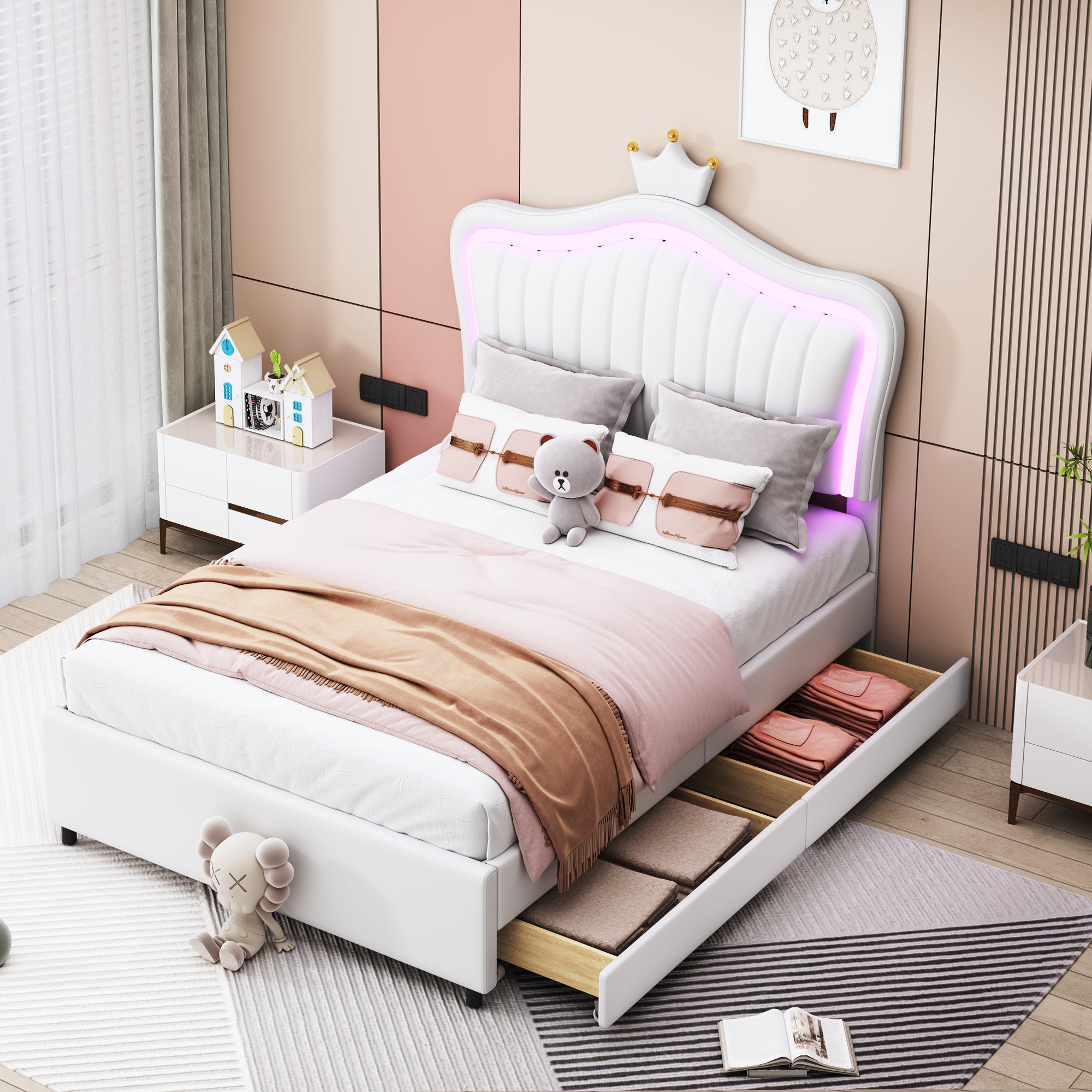 Children's Bed Upholstered Single Crown Girl's with Storage Drawers & LED Lights, White PU Leather