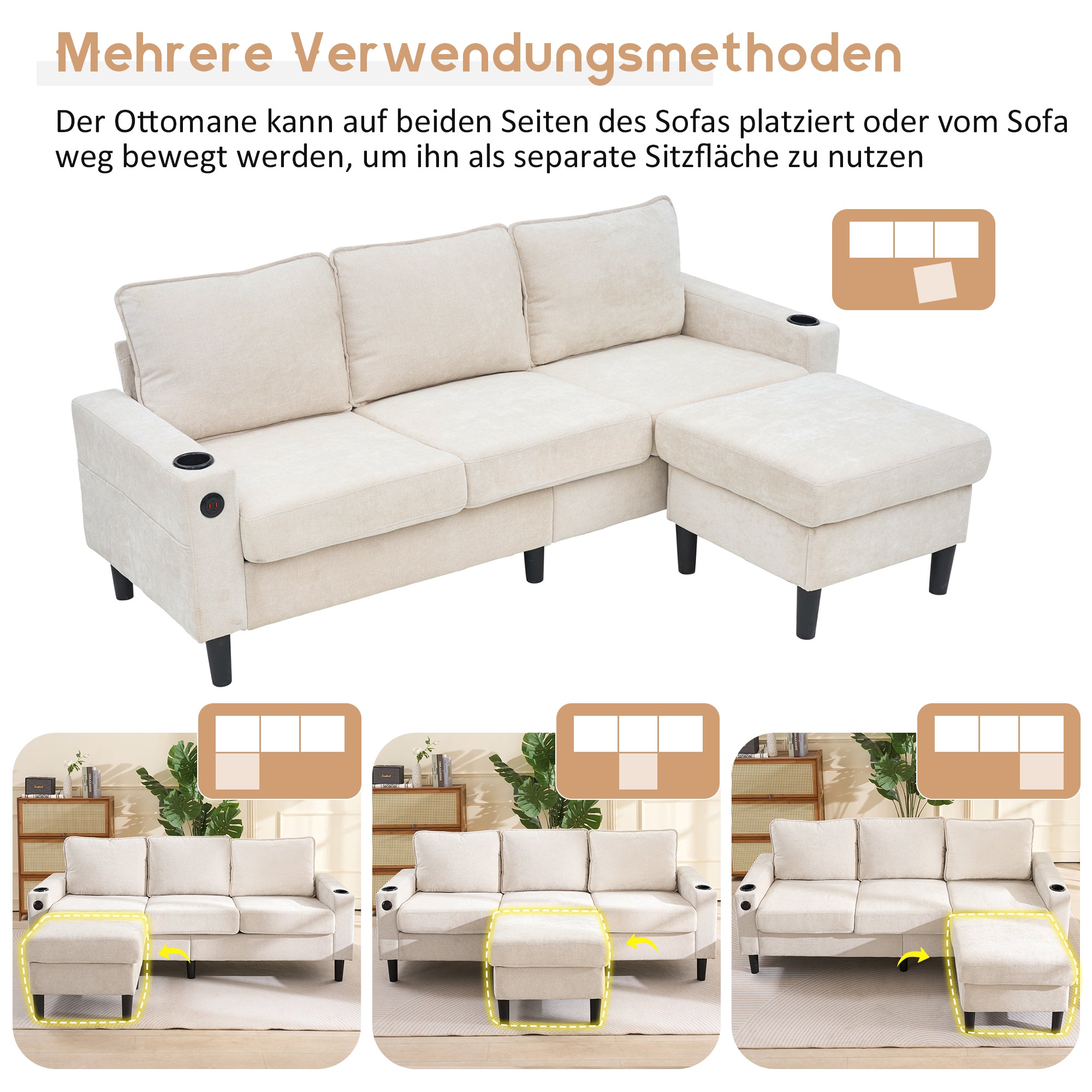 Upholstered Sofa, 3-Seater L-Shaped Sofa Bed with USB & Type-C Ports & Cup Holders, Beige