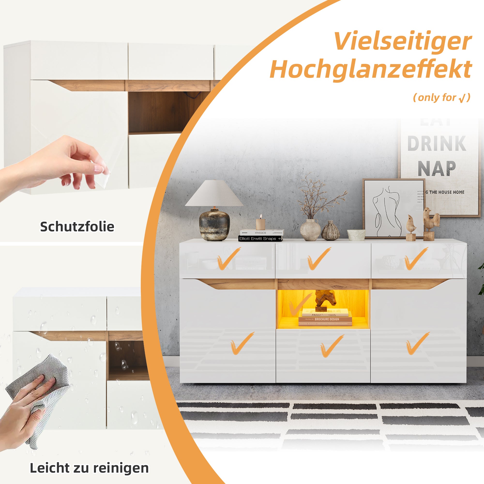 Living Room Sideboard, 4-Drawer Cabinet with LED Lighting, White & Wood