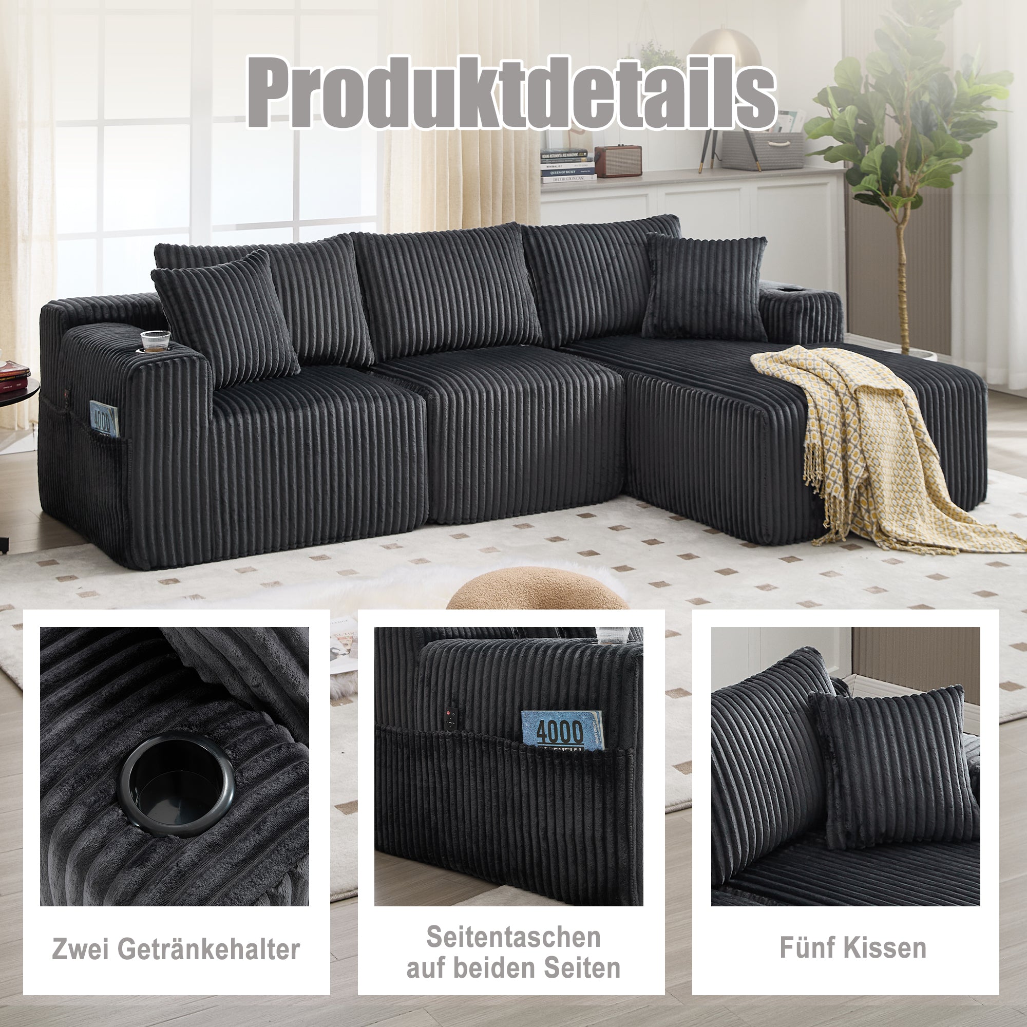 Modular Sofa Set Chaise 2-Seater Side Pockets Corduroy