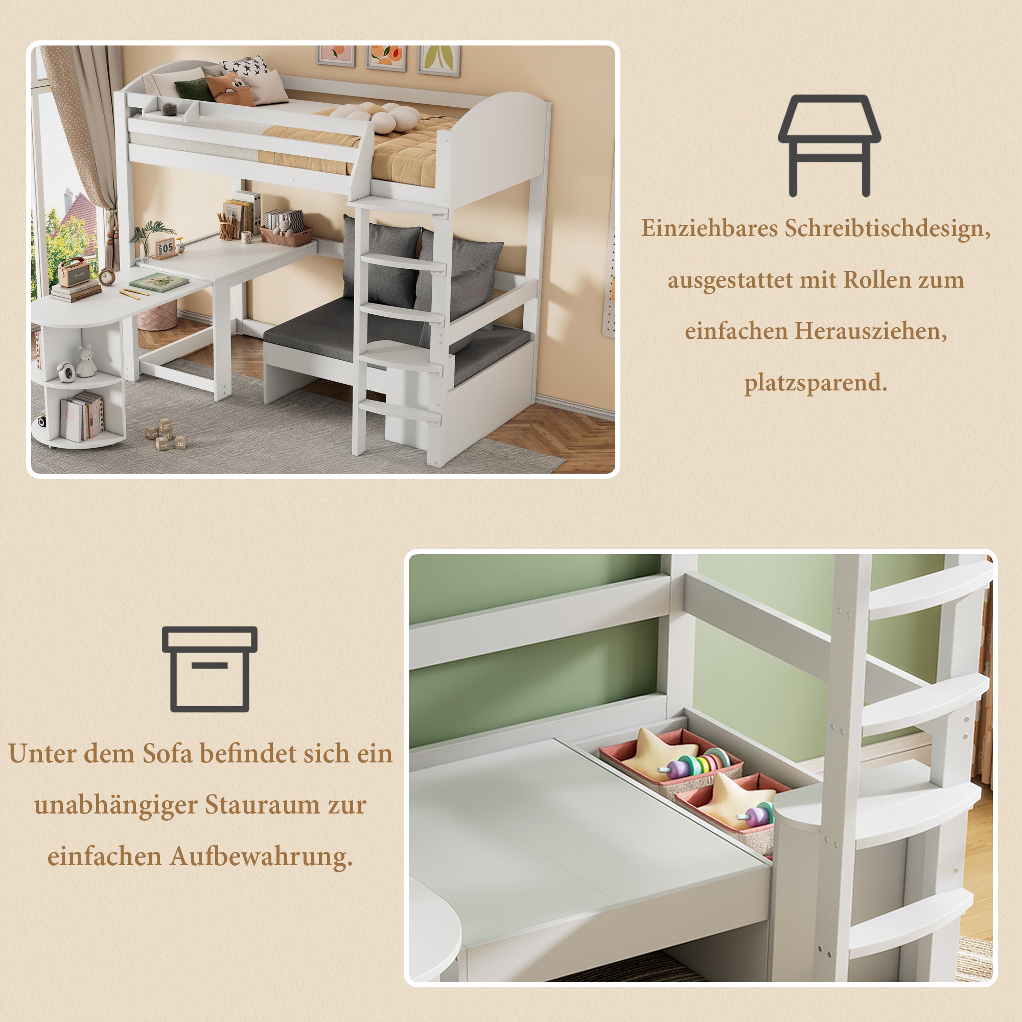 Children's Bunk Bed Multifunctional Ladder Pull-out Table Storage Sofa 90x200, White