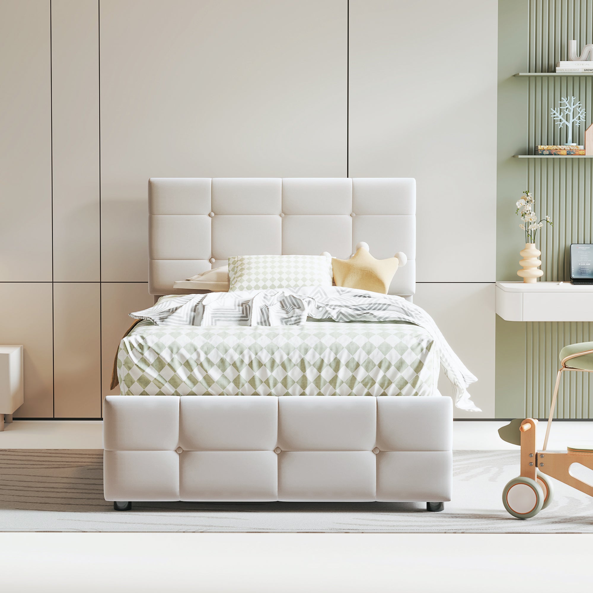 Upholstered Children's Bed 90x200cm, Hydraulic Storage, Adjustable Headboard, Velvet Beige