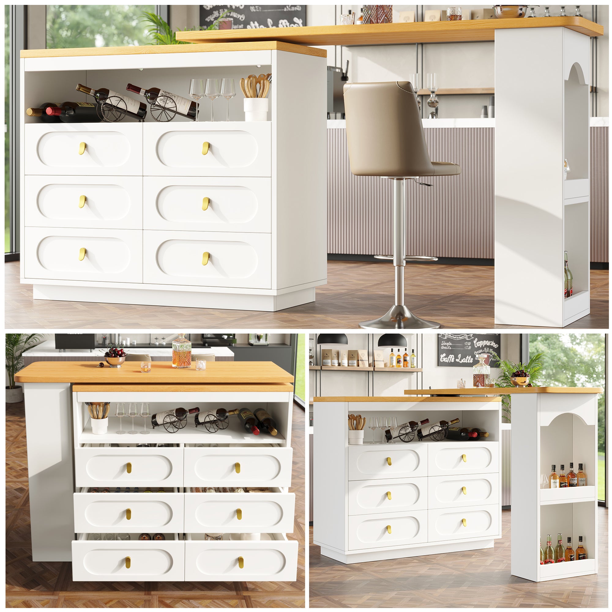 Extendable Rolling Bar Table 360° Swivel Storage Drawers - White