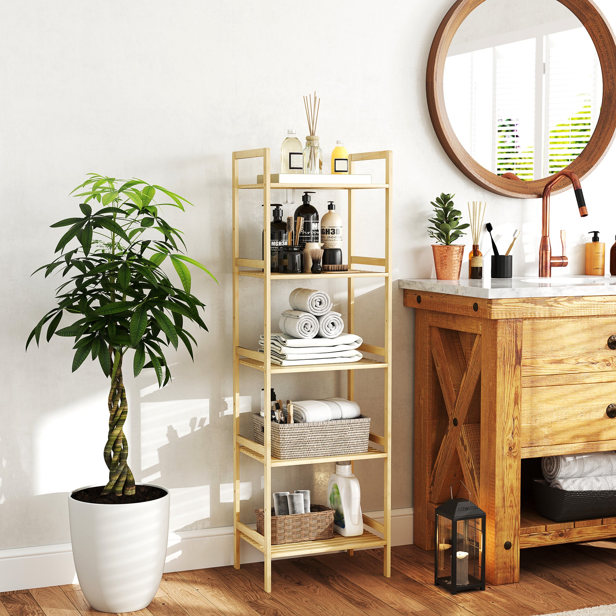Bathroom Shelf, 5-Tier Storage Rack, Adjustable, Natural Wood