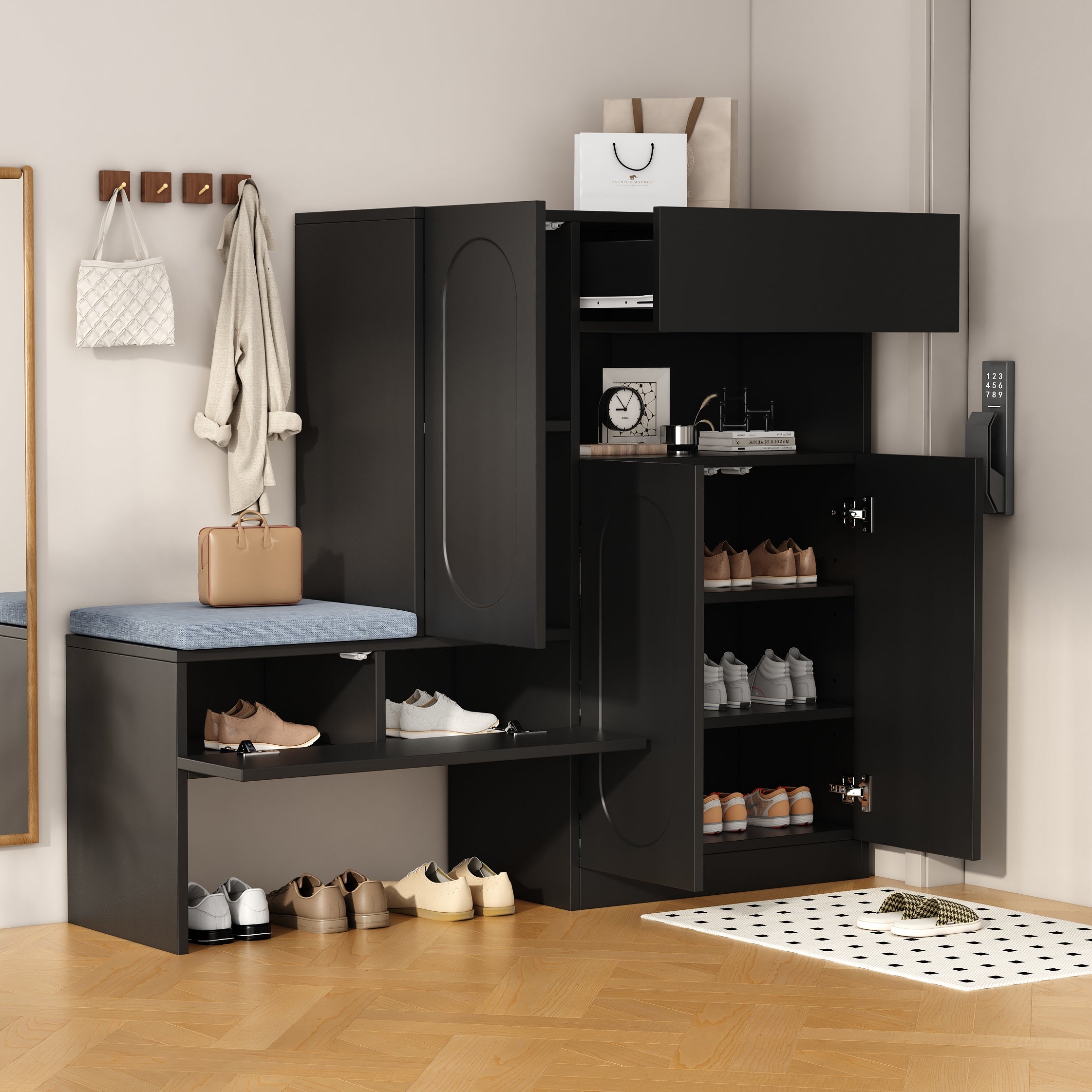 Trendy 2-in-1 Shoe Cabinet with Curved Doors, Soft-Close, Adjustable, Upholstered Bench, Black