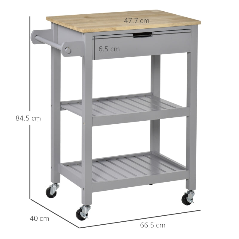 Kitchen Trolley Utility Cart with Worktop, Towel Rack, Storage Shelves & Drawer, Grey