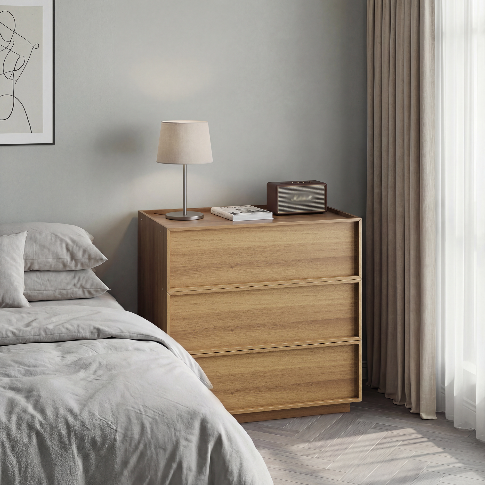 Chest of Drawers with 3 Storage Drawers and Metal Rails, Oak Wood Look