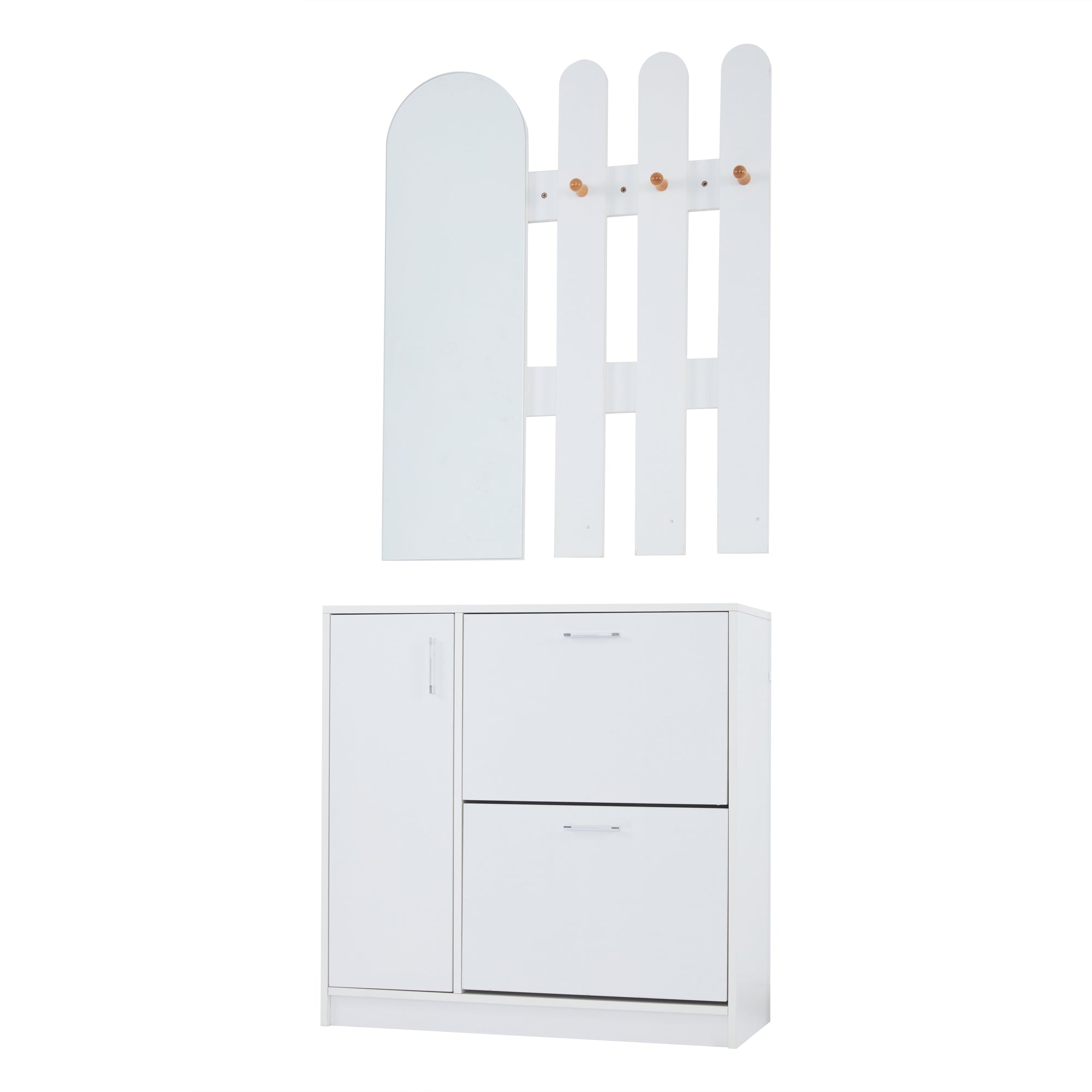 Shoe Cabinet, Folding Doors with Mirror & Hooks, White