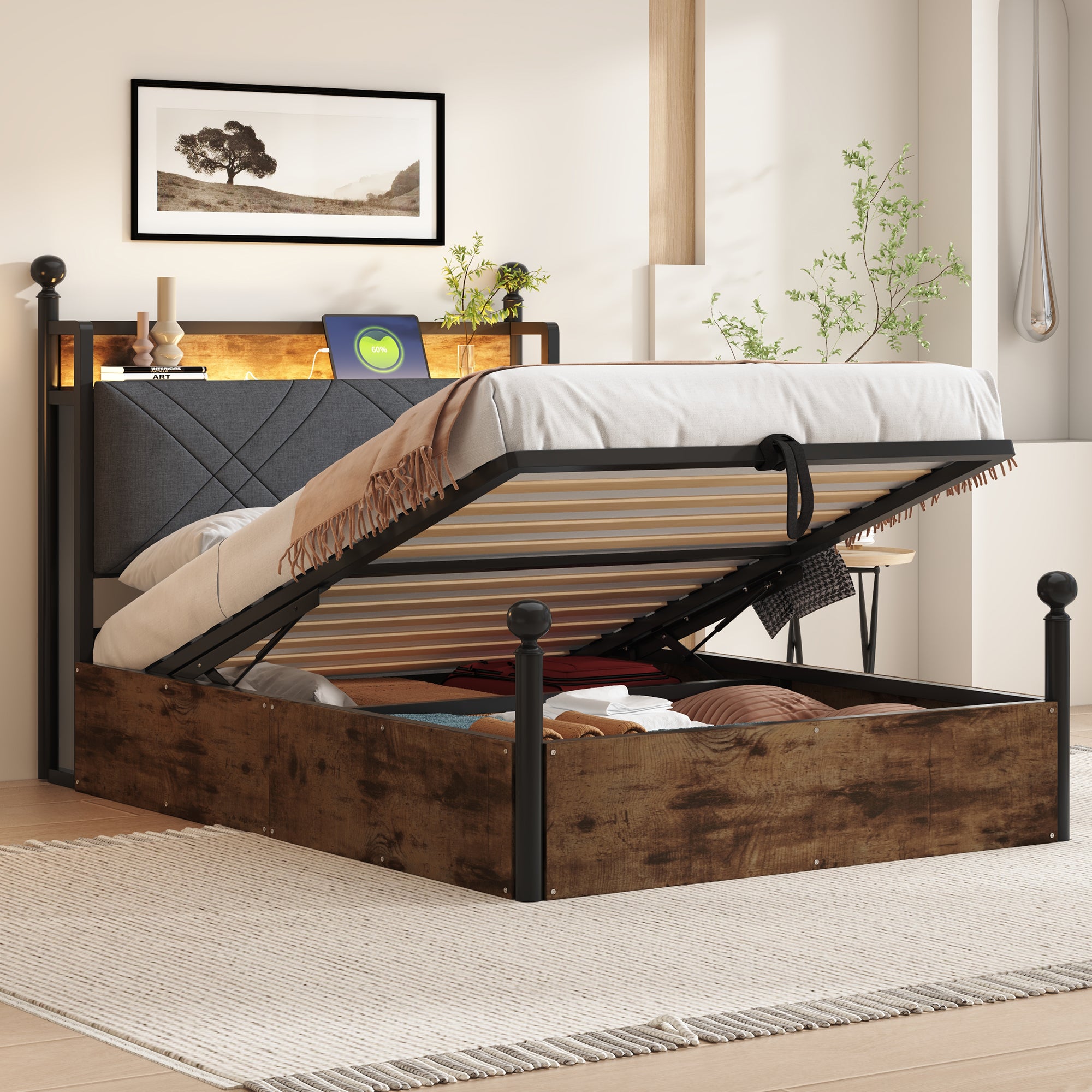 Multifunctional Single Bed 90x190 Hydraulic Storage Canopy LED/USB, Iron Black