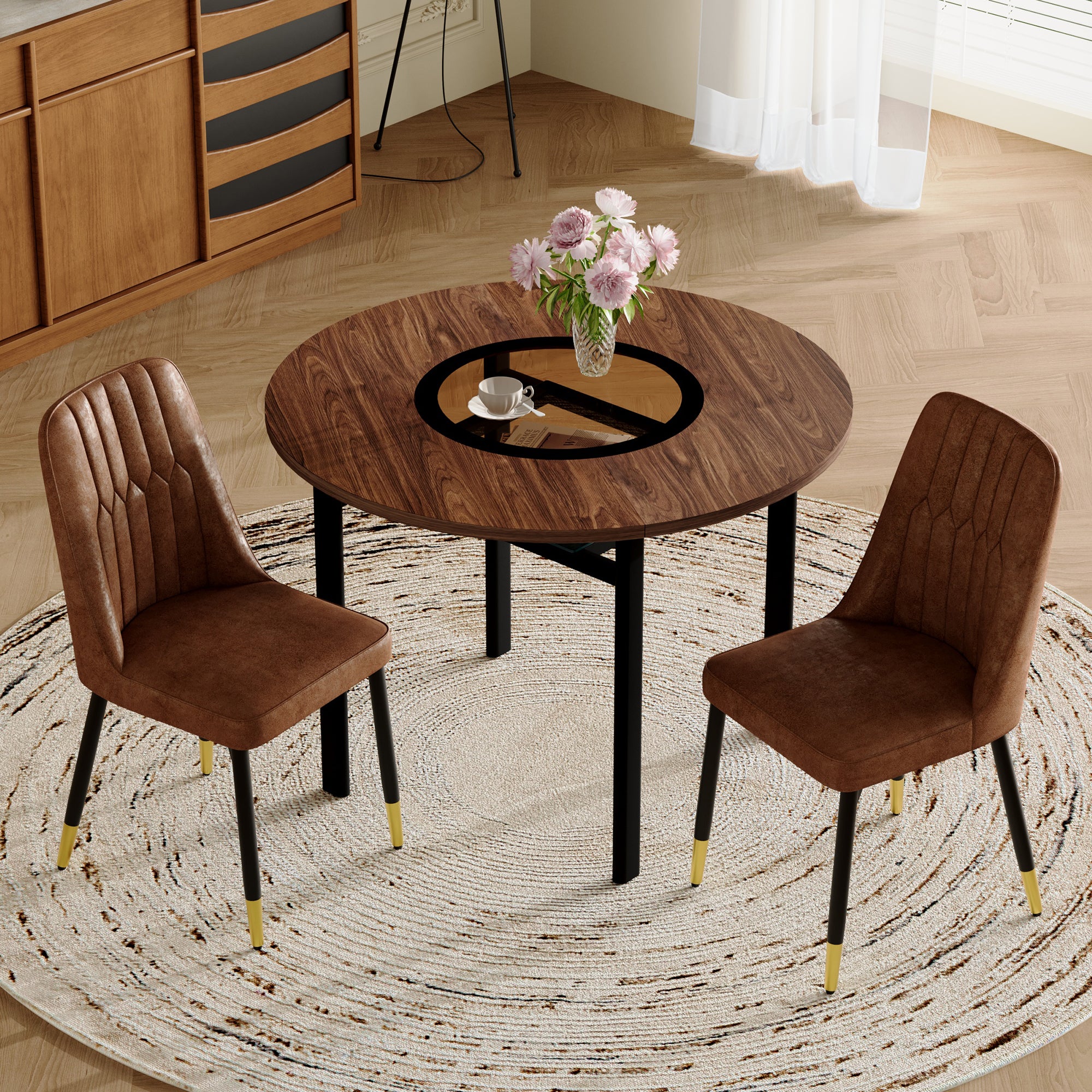 Modern Minimalist Round Dining Table Set with 2 Chairs, 100cm Wood Look/Brown Tech Fabric