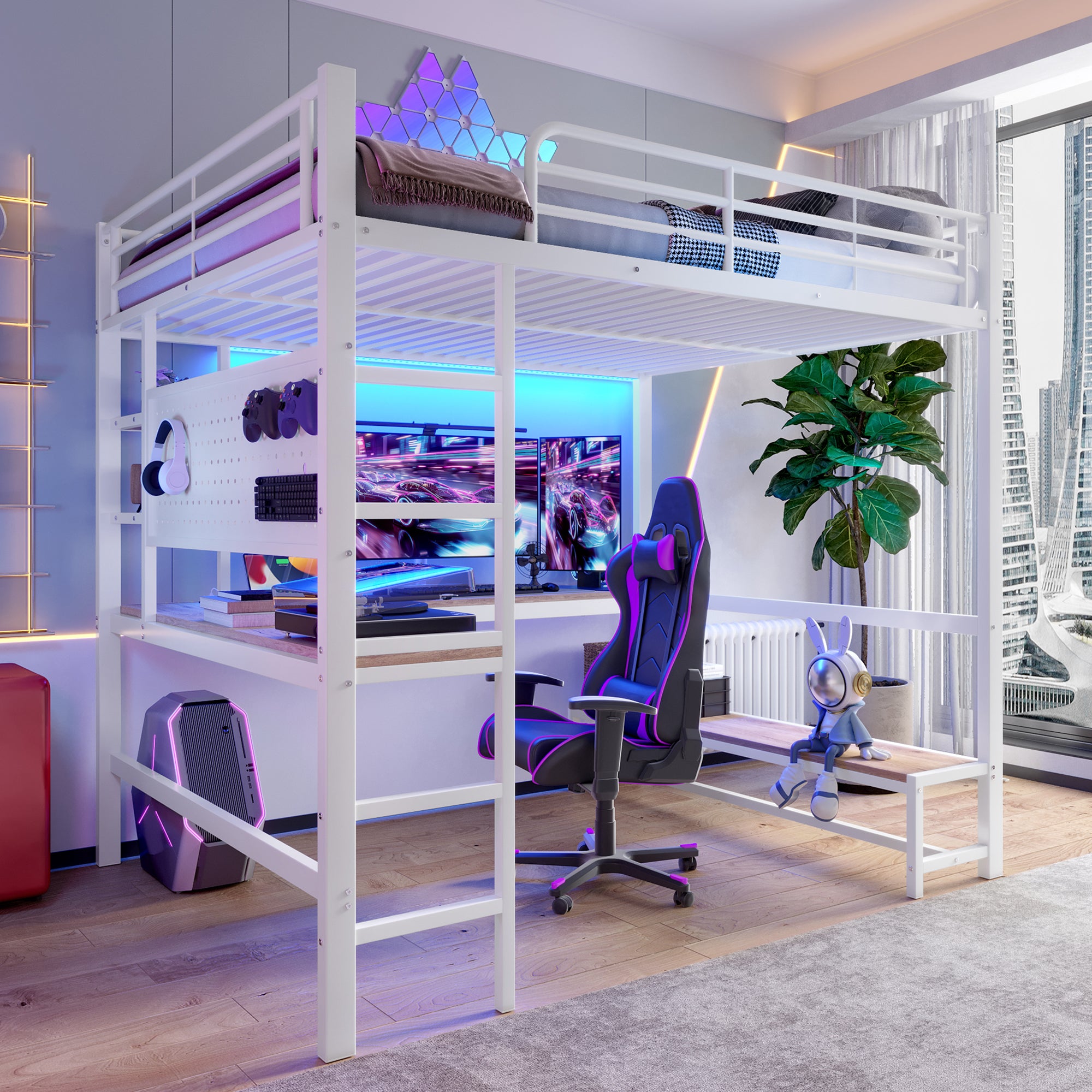 Loft Bed 140x200cm Desk Storage LED USB/Type-C Pegboard - White Iron Frame