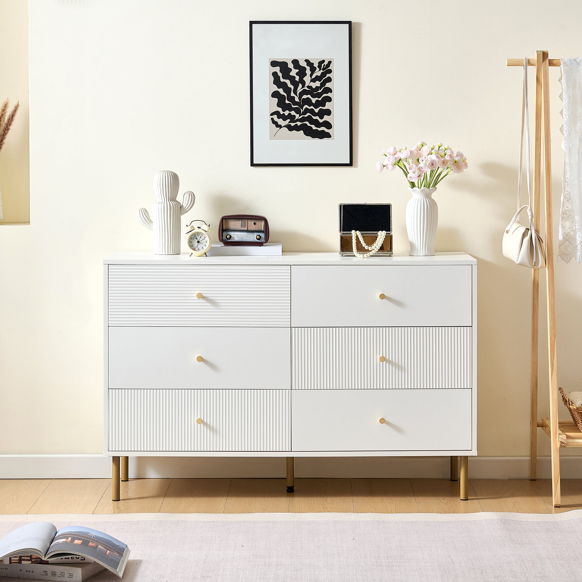 Chest of Drawers, 6-Drawer Storage with Steel Legs, White MDF